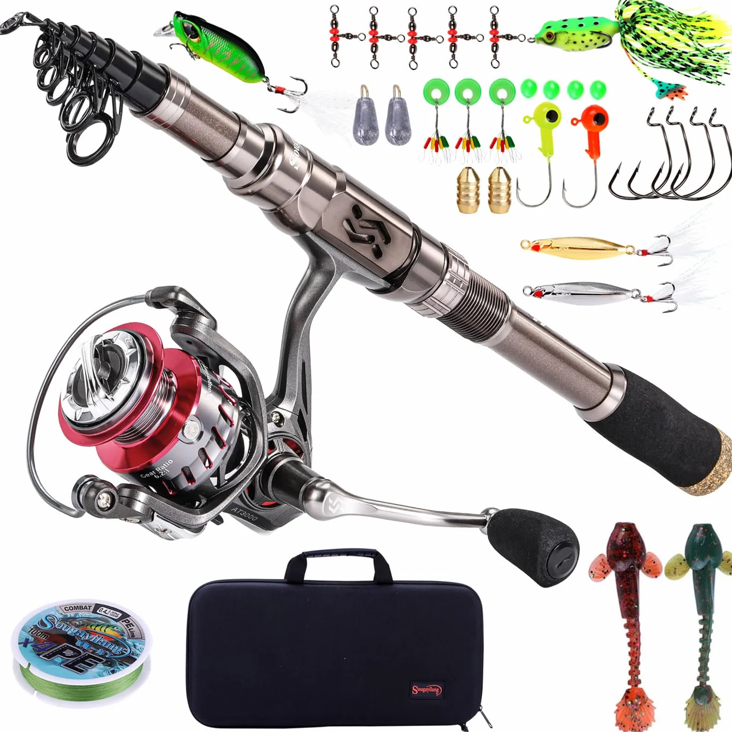 Sougayilang Canne à pêche et Moulinet télescopique en Fibre de Carbone 12+1BB avec Sac de Transport pour Eau salée et Eau Douce