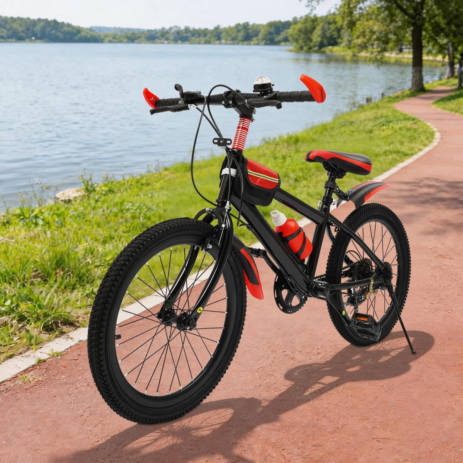 Vélo VTT pour enfant de 20 ", en acier au carbone, capacité de charge 75 kg, rouge, 7 vitesses, hauteur réglable, avec sac de rangement, vélo pour enfants à partir de 8 ans, garçons et filles