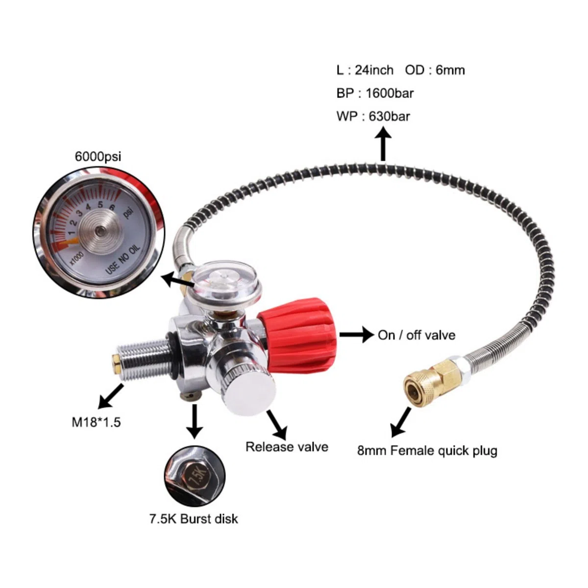 TUXING Compresseur d'air PCP haute pression PCP Paintball Valve en acier inoxydable Réservoir CO2 DIN M18 x 1,5 Rouge 4500 PSI