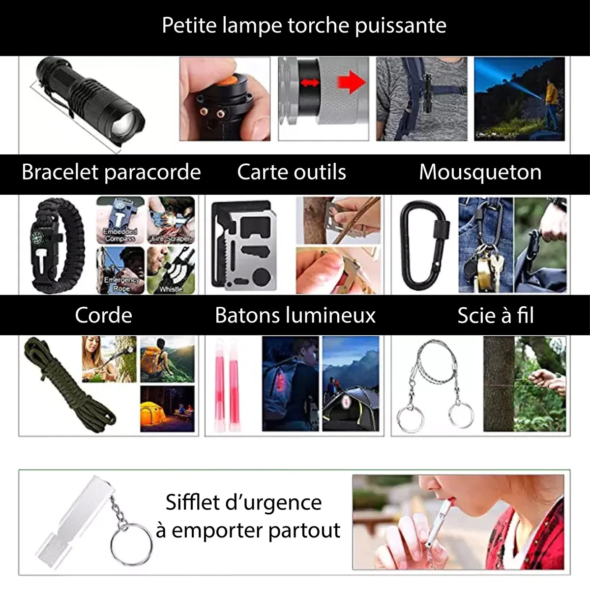 Kit de Survie Sac Complet - Trousse de Secours - Mini Pelle Pioche Pliante - Boussole - Paracorde - Couteau Pliant Multifonction - Allume Feu - Lampe Torche