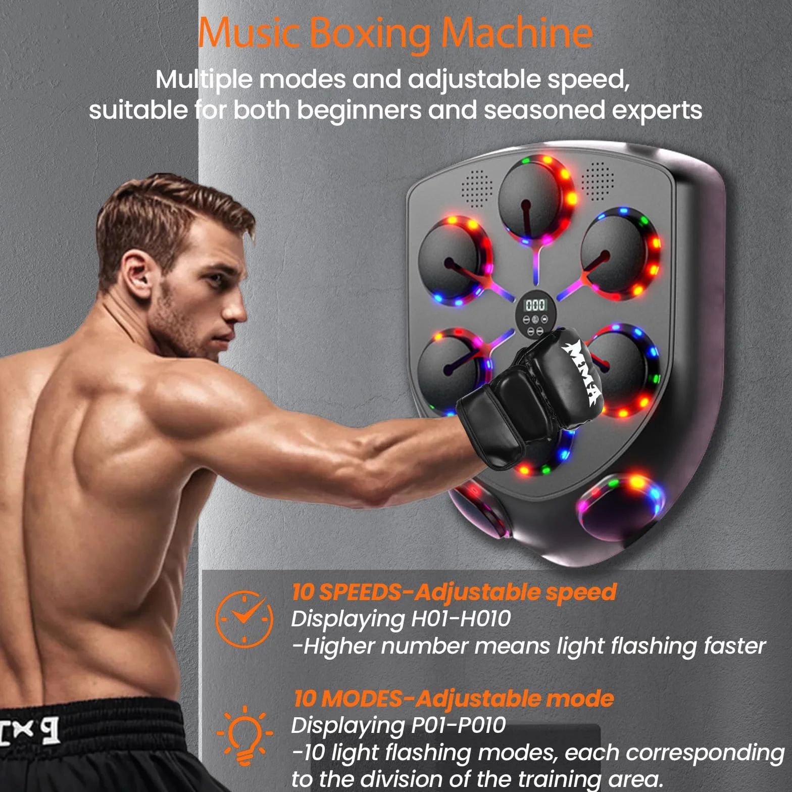 Music Boxing Machine Adulte, 9 Modes de 9 Vitesse Boxe Mural Musique avec Gants de Boxe, Machine de Boxe Musicale Comptage Musicboxing pour Entraînement à la Maison (8 cibles)