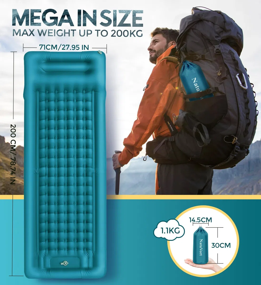 Matelas Gonflable 1 Place 12CM Matelas Camping, Matela s Autogonflant 1 Personne avec Pompe à Pied Mate Las Gonflable Camping Oreiller pour Campin g, Randonnée, Plage, Bleu Paon