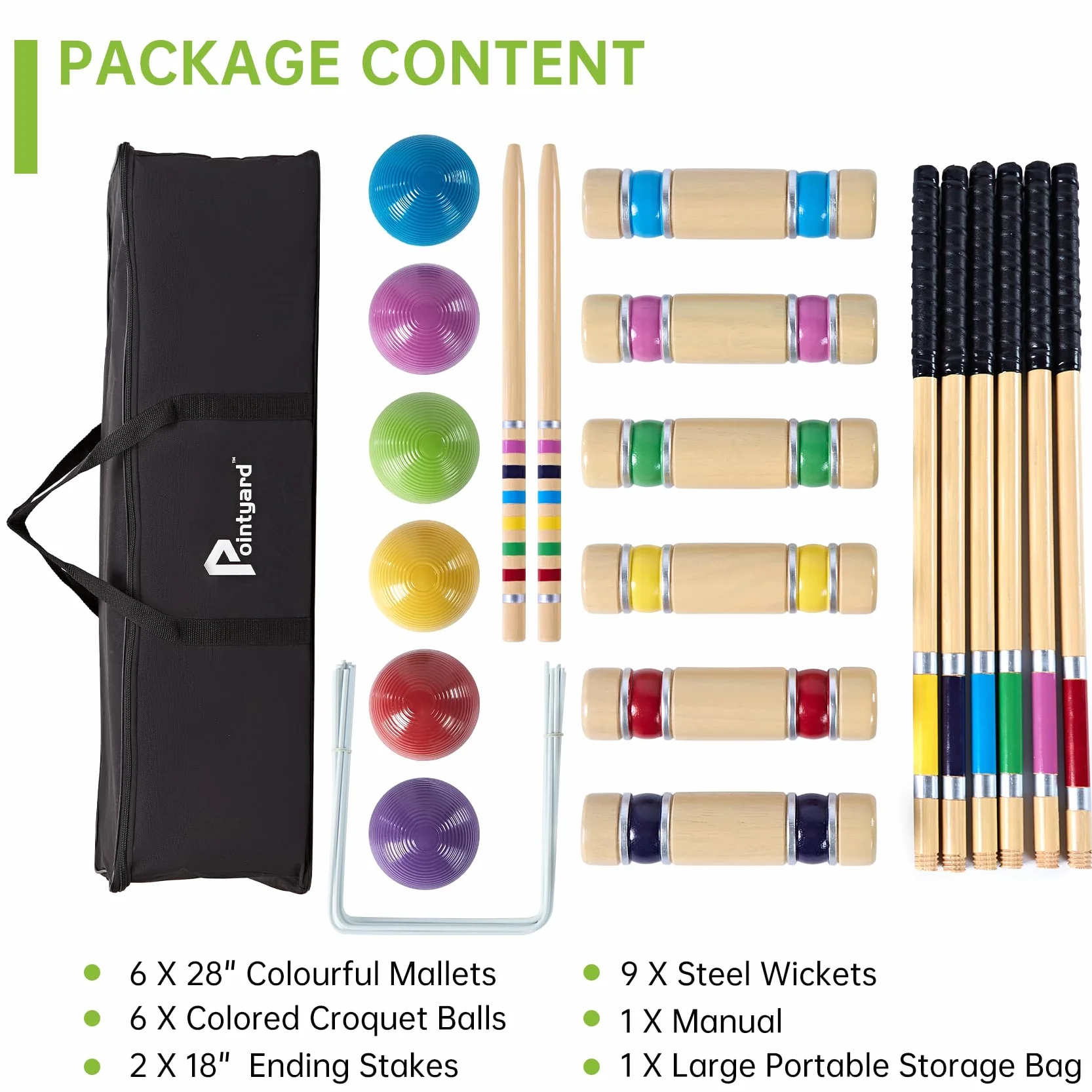 Ensemble de croquet 71,1 cm 6 joueurs maillets en bois balles colorées sac de transport jeux plein air pelouse plage