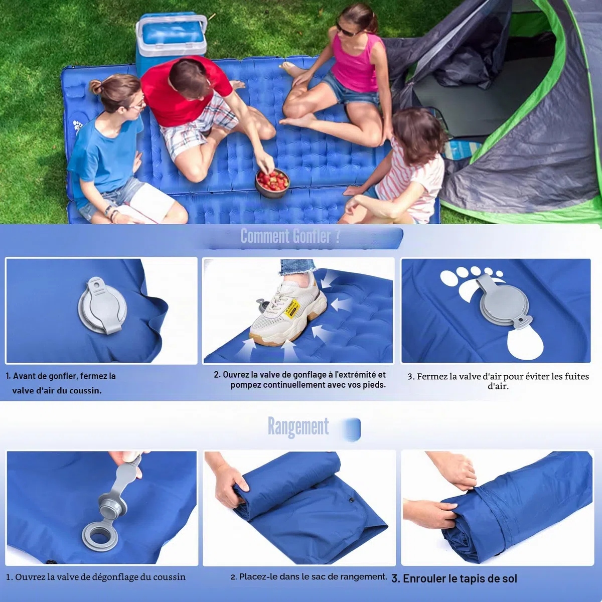 Matelas Gonflant 1 Personne, Matelas de Camping Ultraléger, Tapis de Sol Camping avec Pompe à Pied, Portable Résistant à l'eau Matelas Gonflable pour Trekking Randonnée Bivouac Voyage