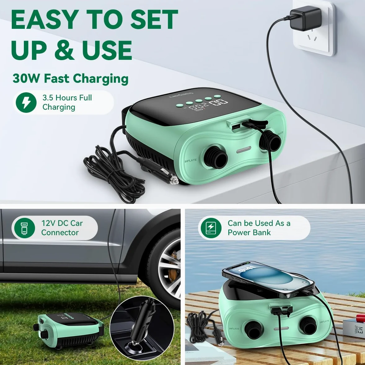 FBSPORT Gonfleur Electrique Paddle Rechargeable 4000mAh Batterie & 12V DC, 20PSI Pompe Paddle Electrique Auto-Arrêt, Inflation/Déflation Double Étape, pour Sup, Tente, Bateaux, Kayaks, Matelas
