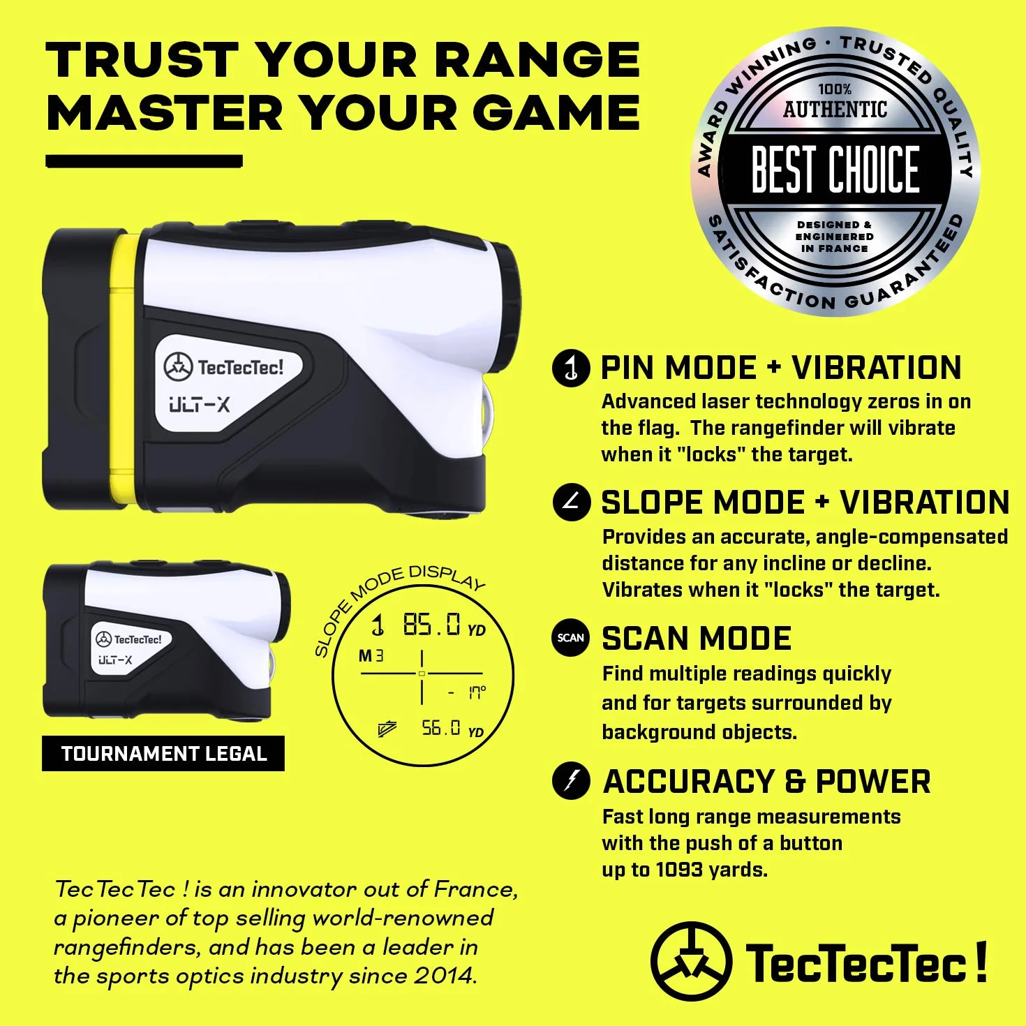 TecTecTec! Télémètre Golf Haute Précision avec Inclinaison, Scan et Distance au Drapeau
