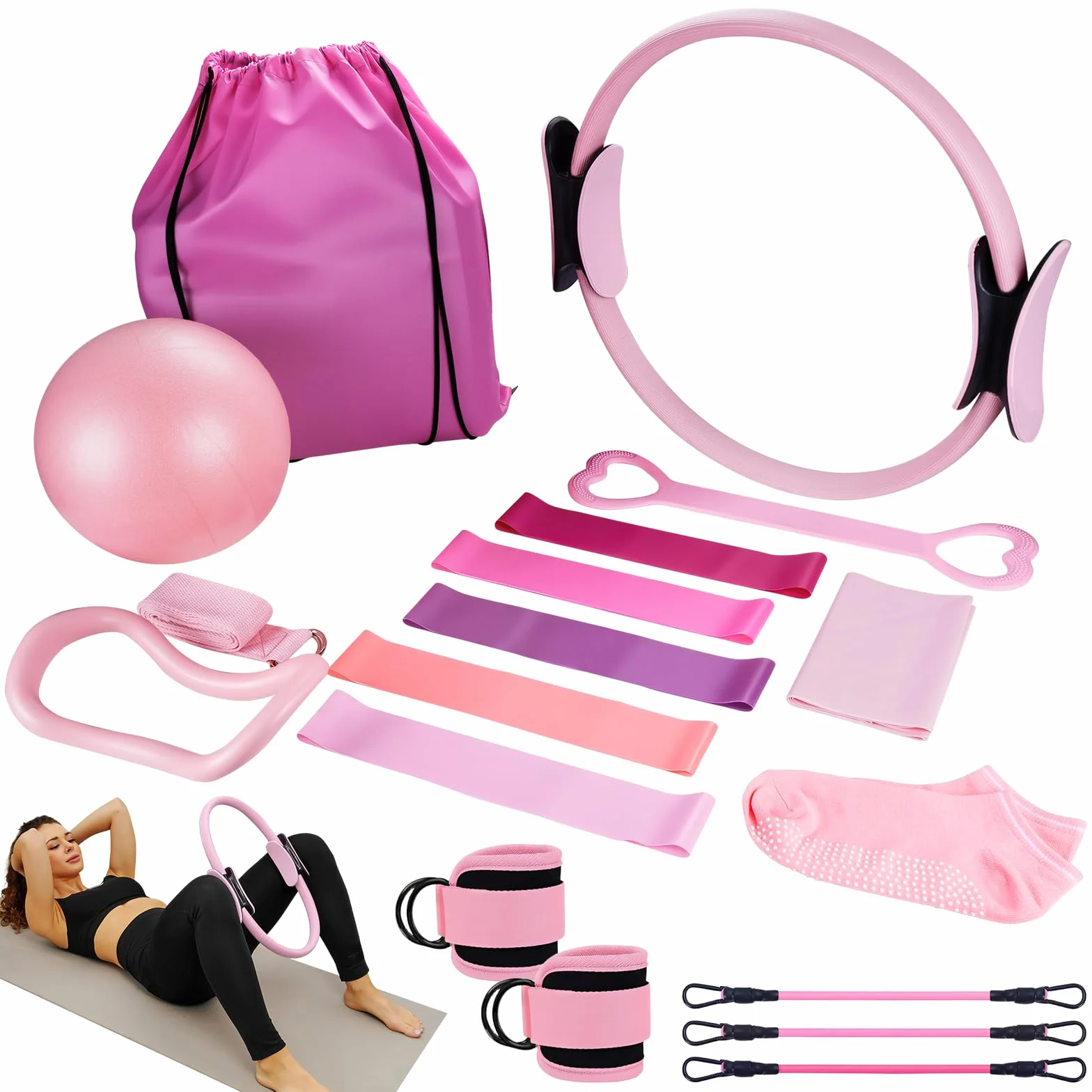 Kit Pilates 18 pièces avec Anneau de Pilates, Bandes de Résistance, Ballon de Yoga