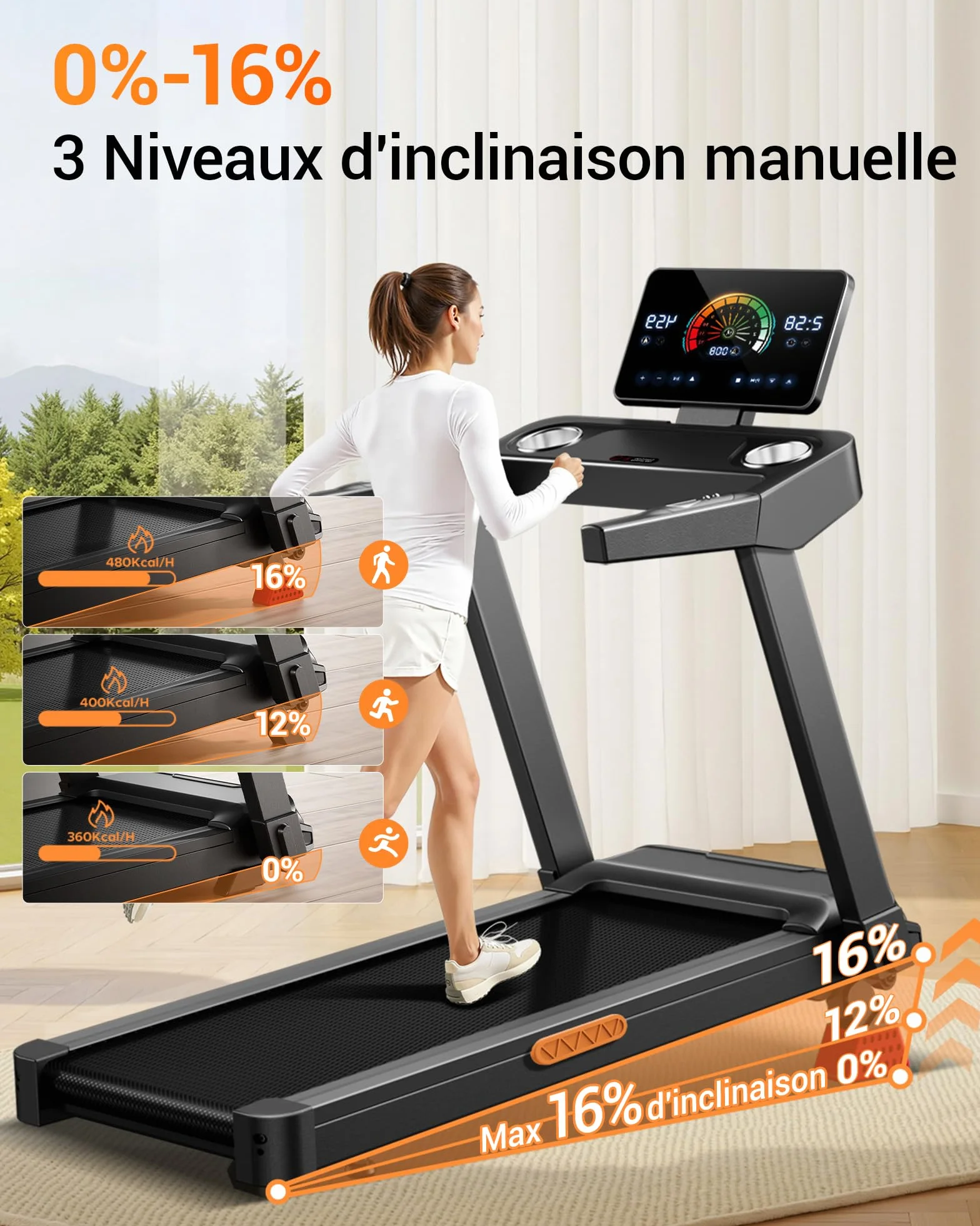 LONTEK Tapis de Course Pliable Inclinable 16% 14KM/H 3,5CV avec Fréquence Cardiaque Affichage LED Charge Max 180KG Compact