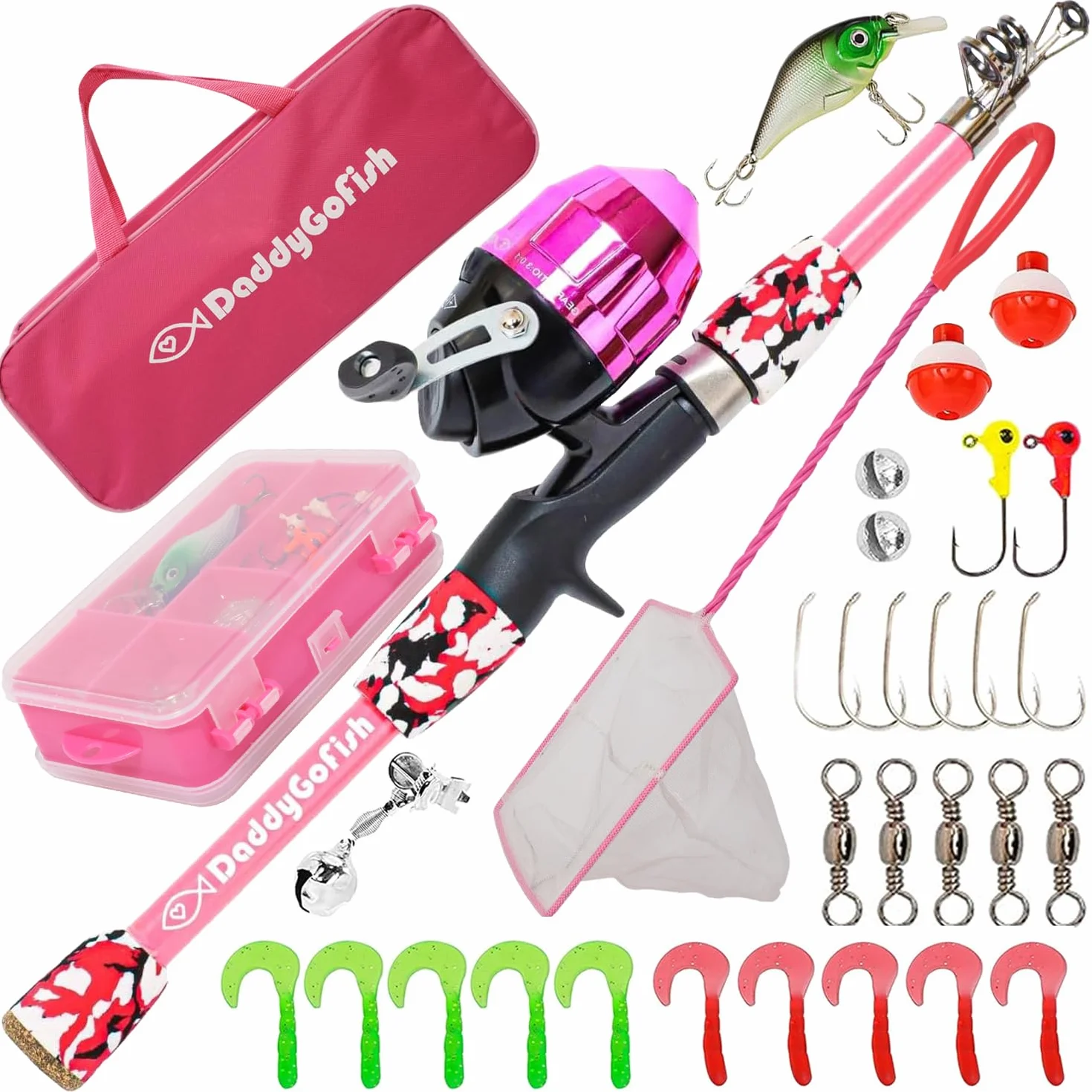 DaddyGoFish Ensemble Canne à pêche et Moulinet pour Enfants, Coffret de matériel de pêche, Petit équipement de première année pour garçons et Filles débutants
