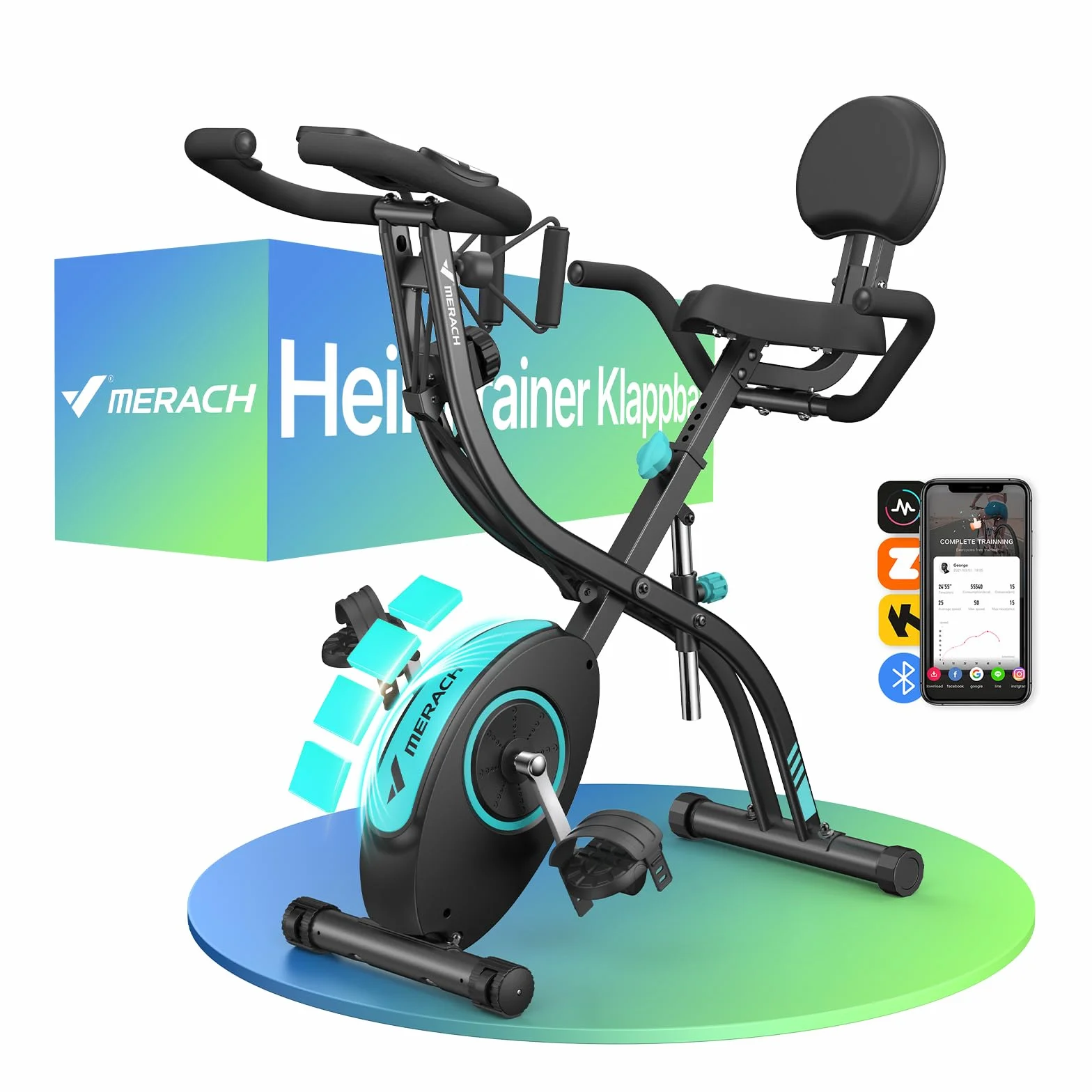 MERACH Velo D Appartement Silencieux avec App Entraînement, 4 en 1 Vélo D’Appartement Pliable avec Résistance Magnétique 16 Niveaux, Écran LCD, Mesure du Pouls, Bande de Résistance, Selle Confortable