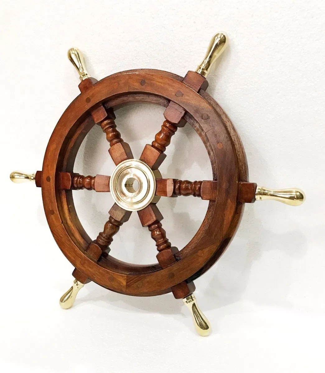 Marine Nautical Store Poignée en laiton massif de 45,7 cm - Barre en bois - Volant de bateau - Décoration murale antique