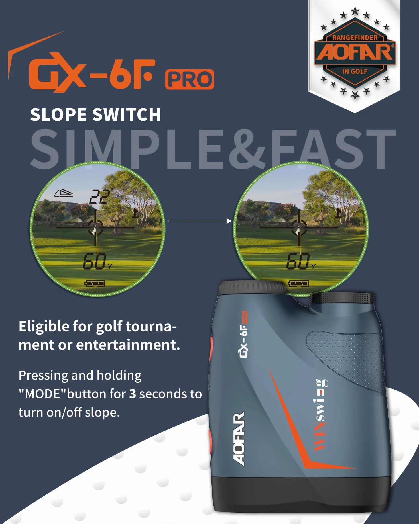 AOFAR GX-6F PRO Télémètre de Golf avec Appareils de Pente Télémètre de Mesure de Distance avec Balayage Continu, Verrouillage du Drapeau avec Vibration D'impulsion, Légal pour la Compétition, 600Yards