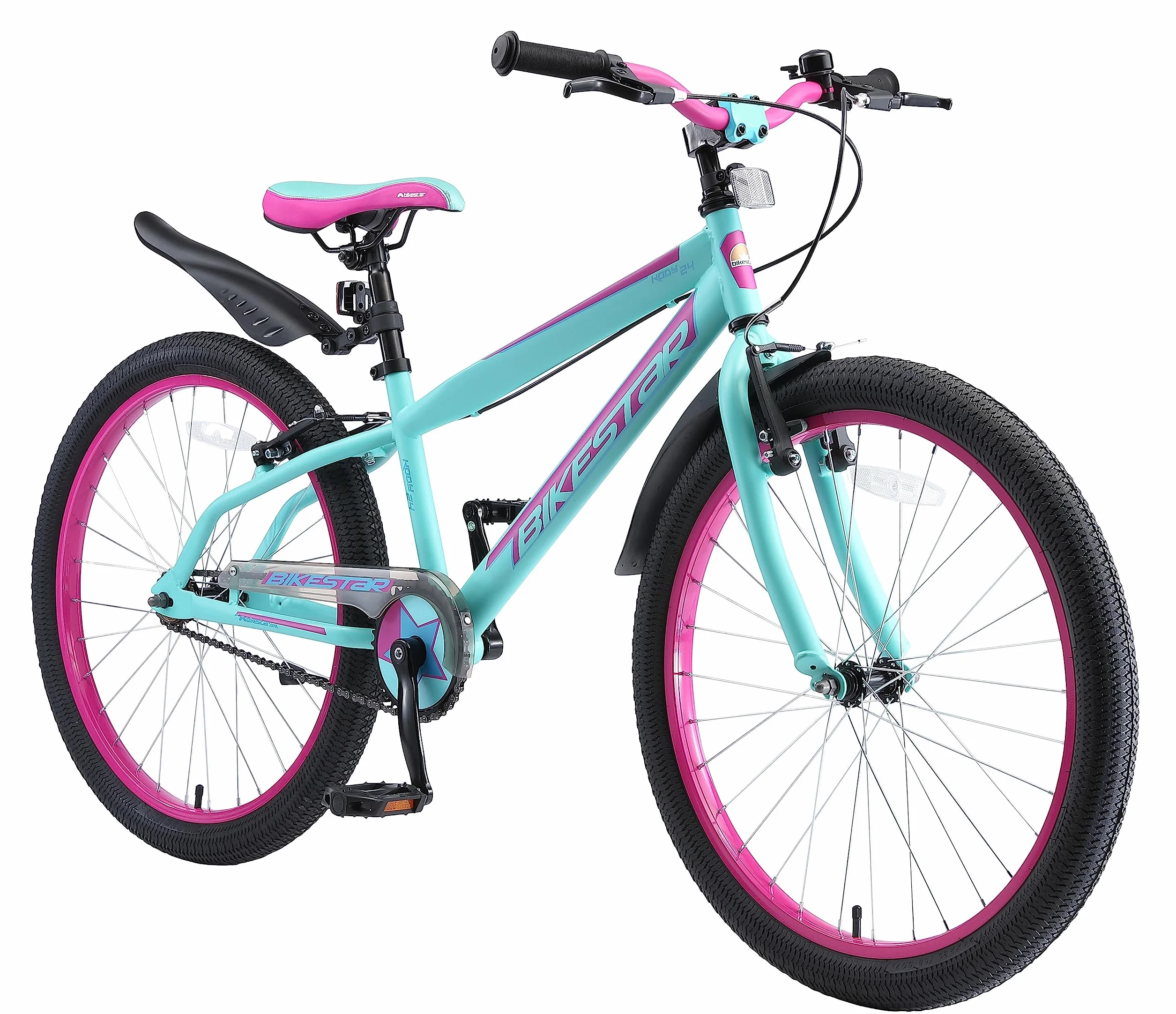 BIKESTAR Vélo Enfant pour Garcons et Filles de 10-13 Ans | Bicyclette Enfant 24 Pouces VTT avec Freins | Turquoise & Berry