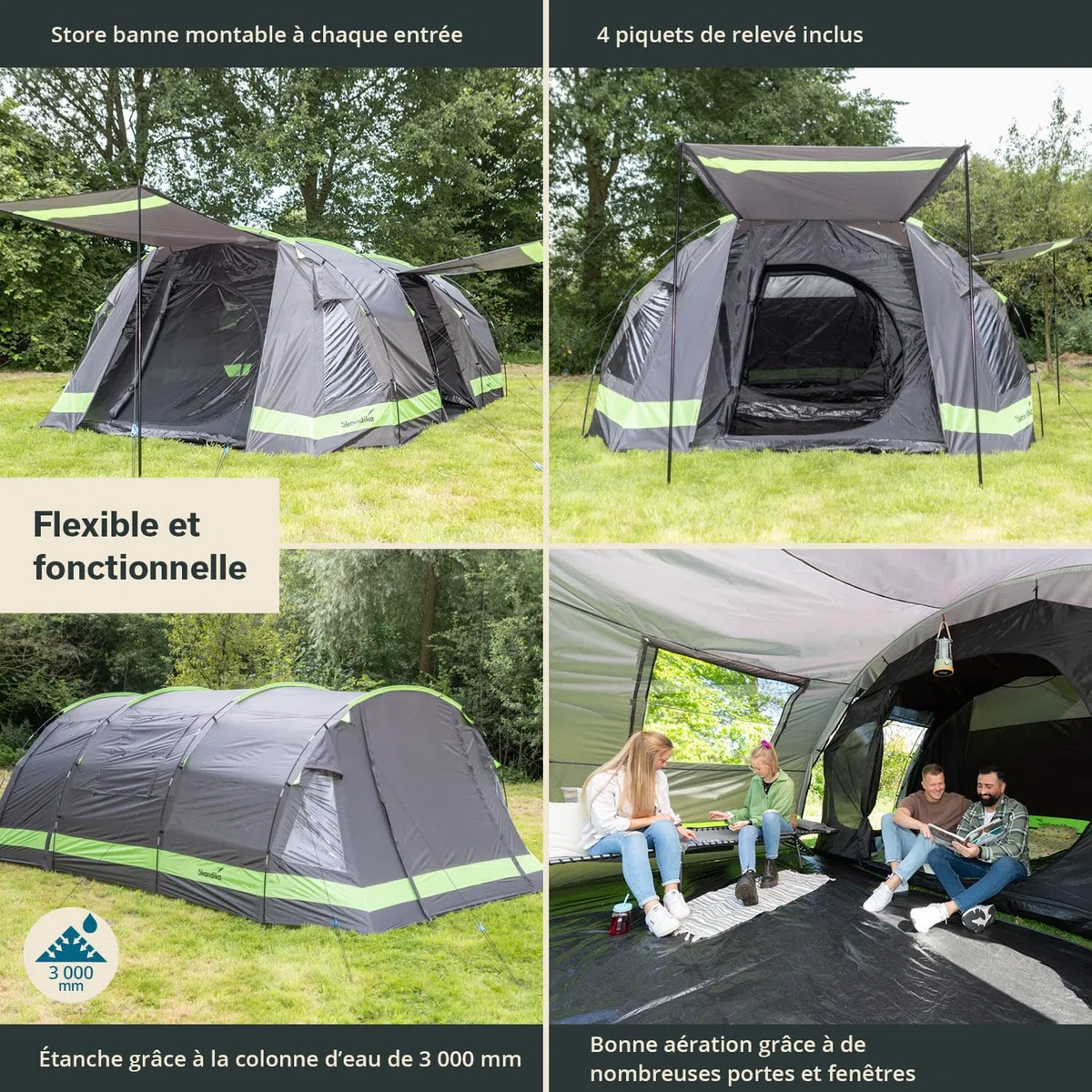 Skandika Kambo Tente Tunnel pour 6 Personnes | Cabine Sombre avec revêtement argenté, Colonne d'eau de 3000 mm, 3 entrées, Marquise, avancée, avec Tapis de Sol | Tente de Camping