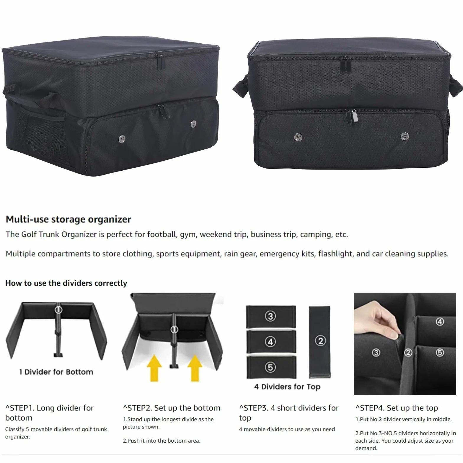 Organiseur de coffre de golf – Sac de rangement pour casier de voiture à 2 couches – Casier d'équipement de golf pour homme et organisateur de chaussures pour balles, t-shirts, vêtements