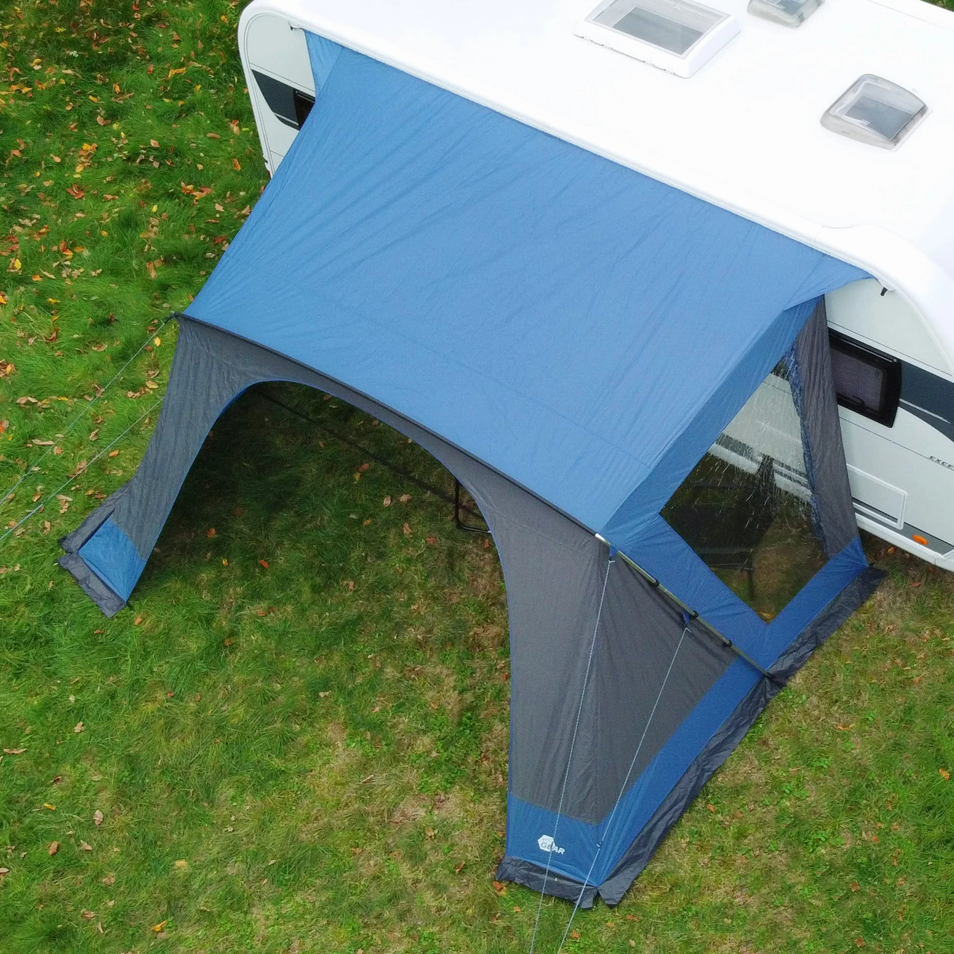 your GEAR Sharki 400 - Auvent pare-soleil pour caravane - Armature en aluminium - 2 fenêtres latérales bleu