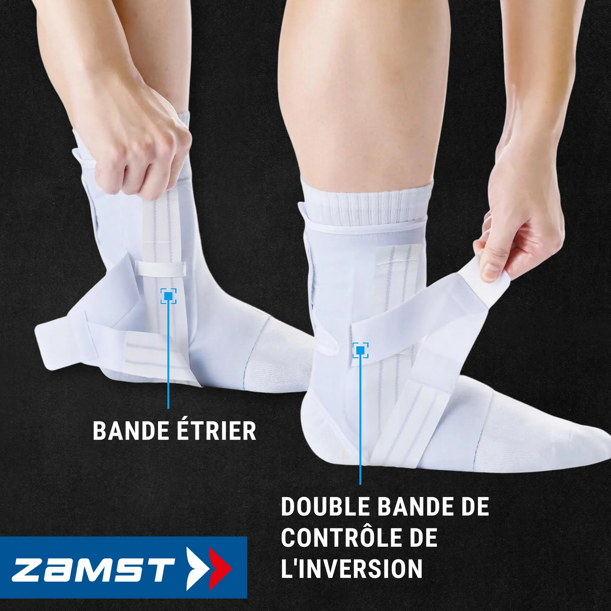 Zamst A1 Chevillère Blanche de Sport Support Respirant pour Hommes et Femmes avec Sangles Ajustables à Trois Bandes Pied Droit Taille M