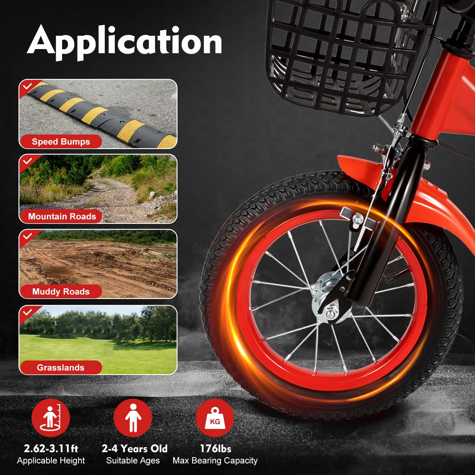 Vélo enfant 12 pouces avec roues stabilisatrices réglable hauteur rouge 2-4 ans