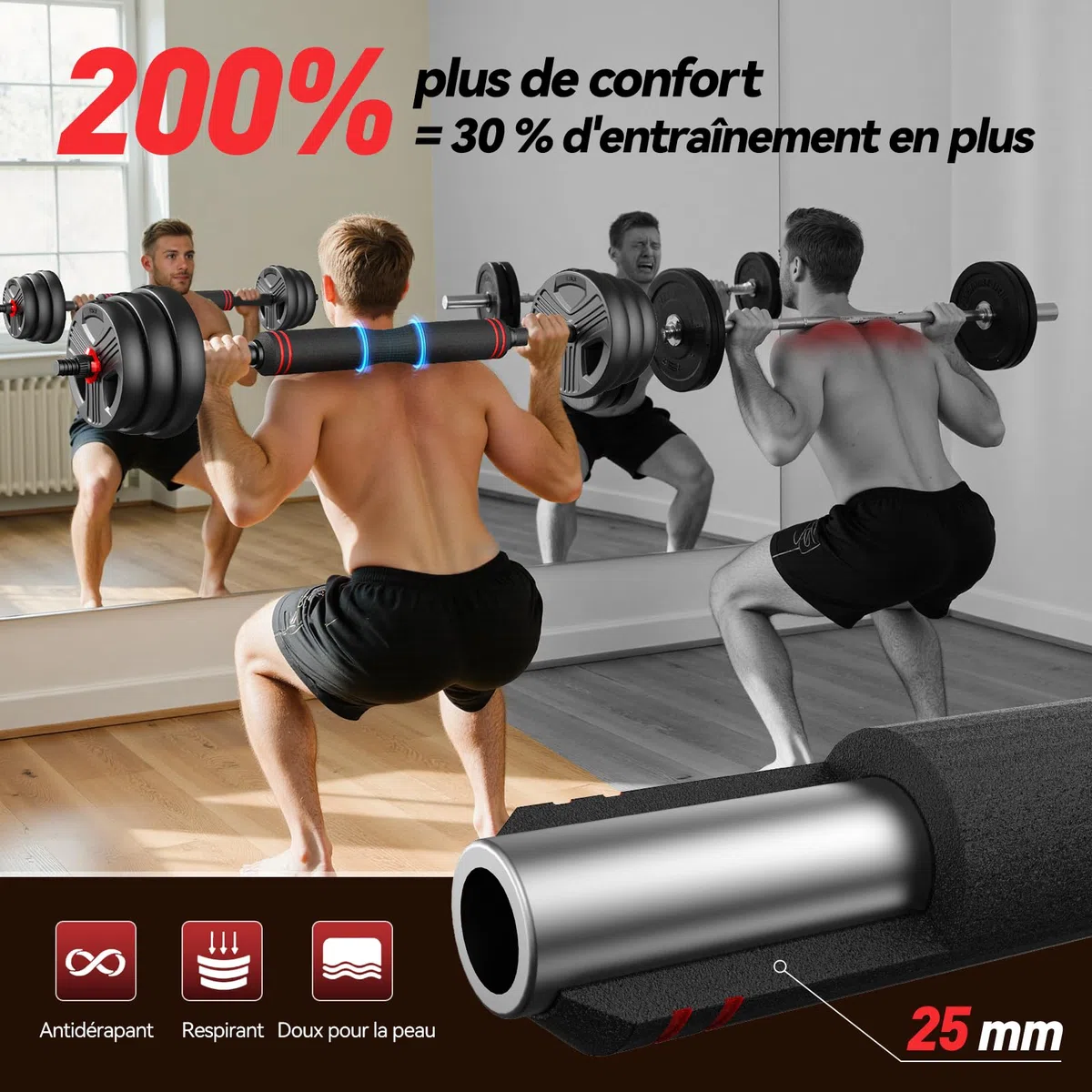 FEIERDUN 10/15/20/25/30/40kg 5 En 1 Kit Haltères Musculation, Poids Réglable, Disque Musculation Dumbbells Barres Pour La Salle De Sport