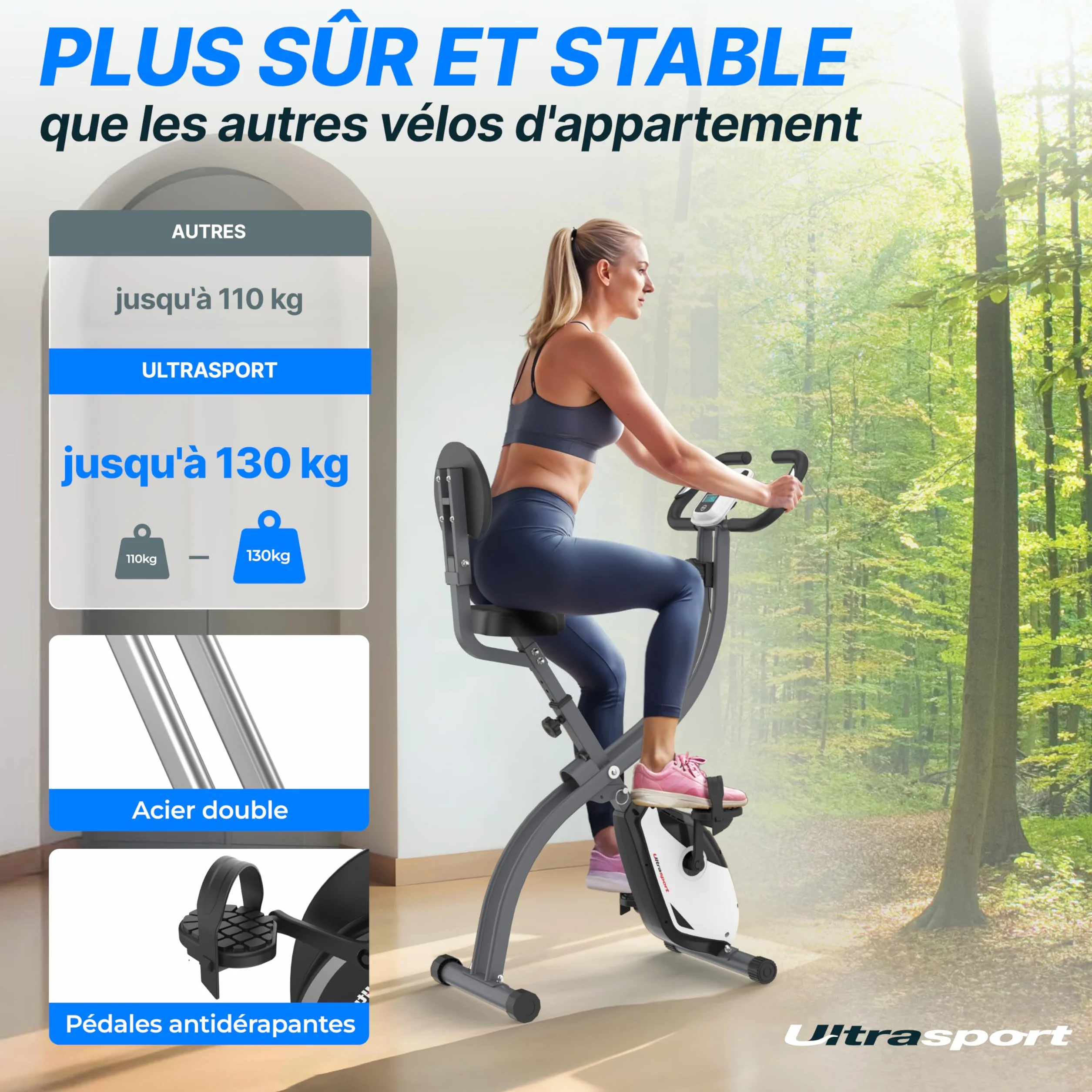 Ultrasport F-Bike Vélo d’Appartement Pliable I Vélos d'Appartement Extra Silencieux jusqu'à 130 kg avec Selle Confort, Velo d Appartement Pliable