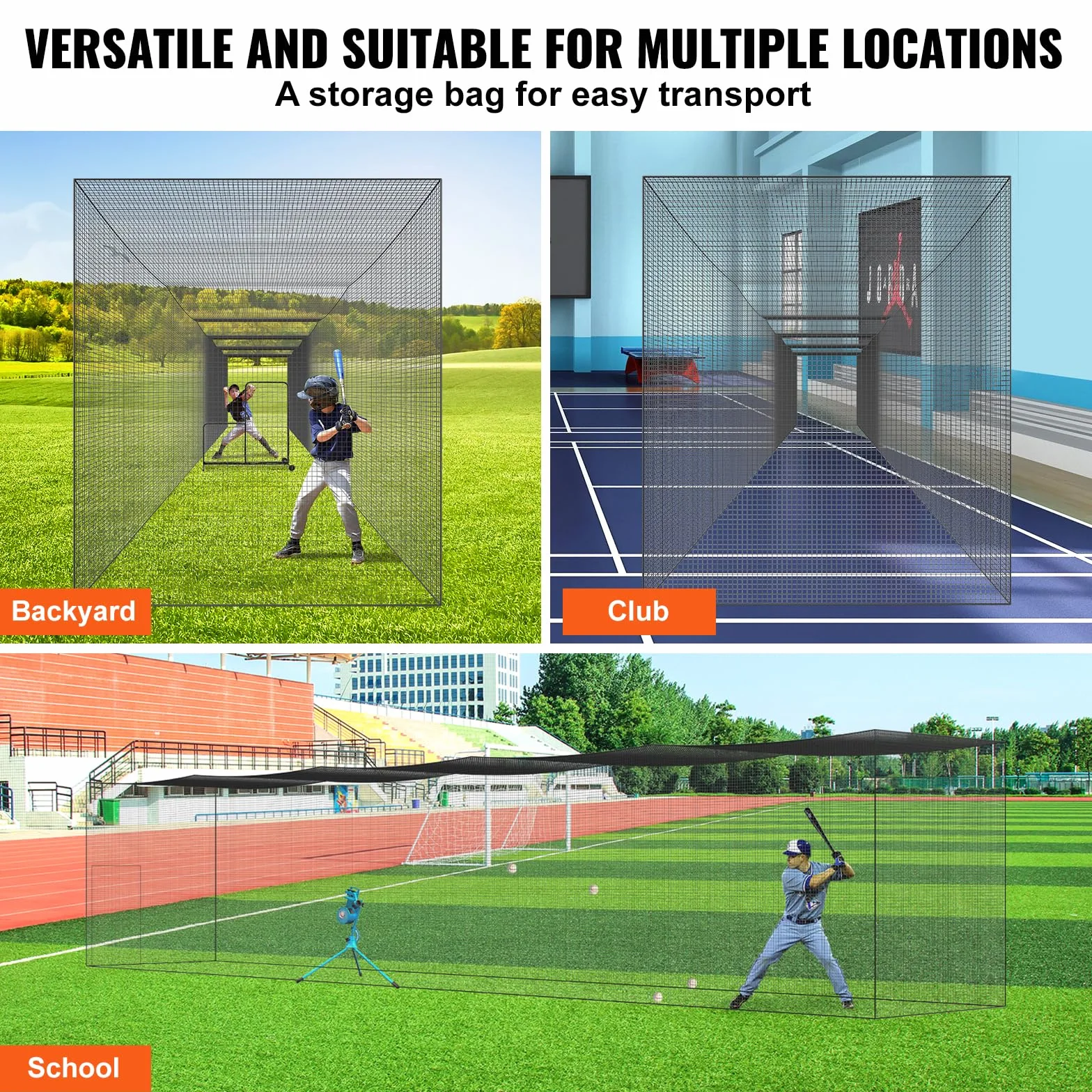 VEVOR Cage Frappeur de Baseball 21,7 m, Filet d'Entraînement Professionnel pour Frappeur de Softball, Cage de Lancer Portable avec Porte et Sac de Transport, Filet en PE Fermé Robuste Extérieur