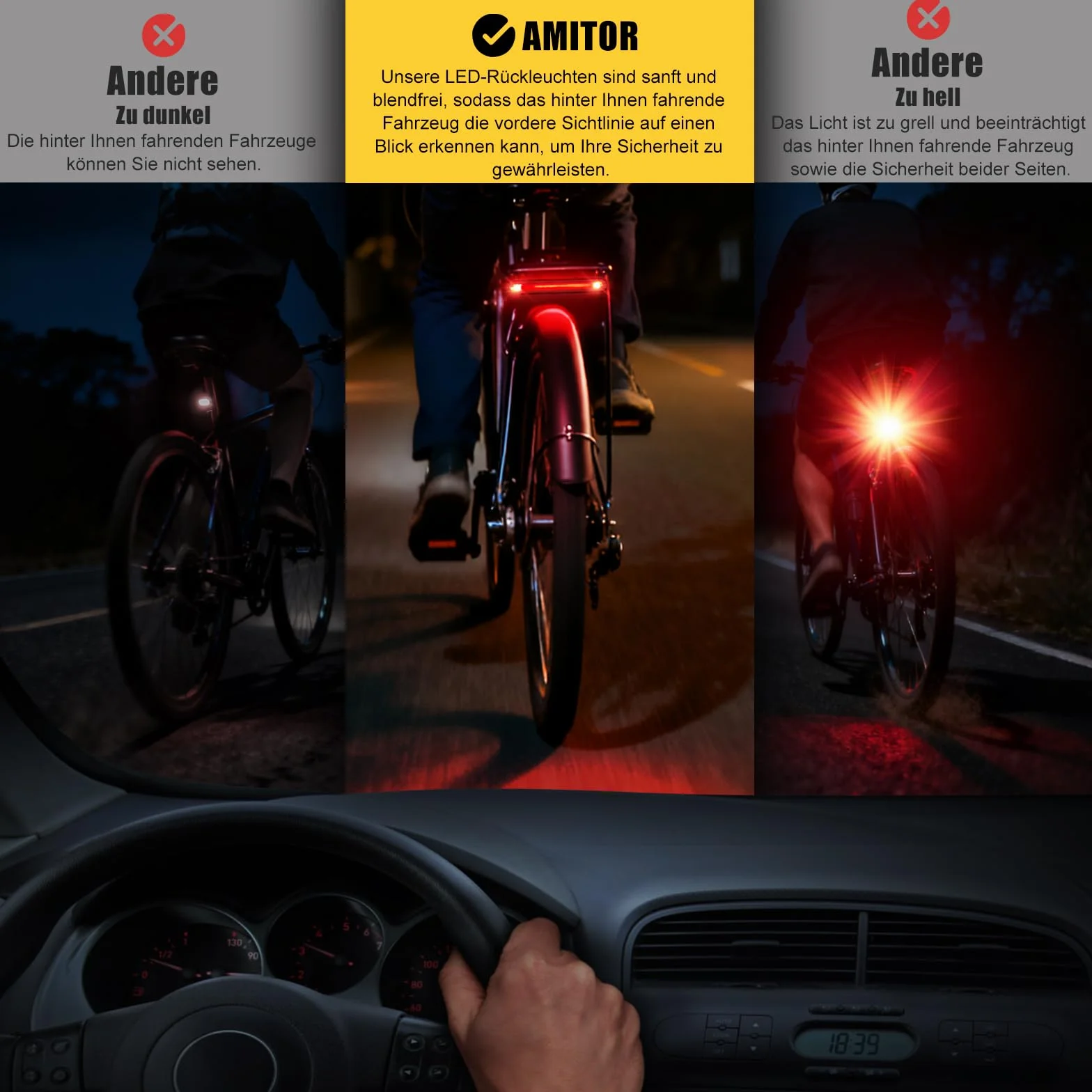 Ebike Feu arrière LED 6-12 V avec feu de freinage, homologué StVZO pour vélo électrique, étanche IPX5, avec câble, sûr et fiable