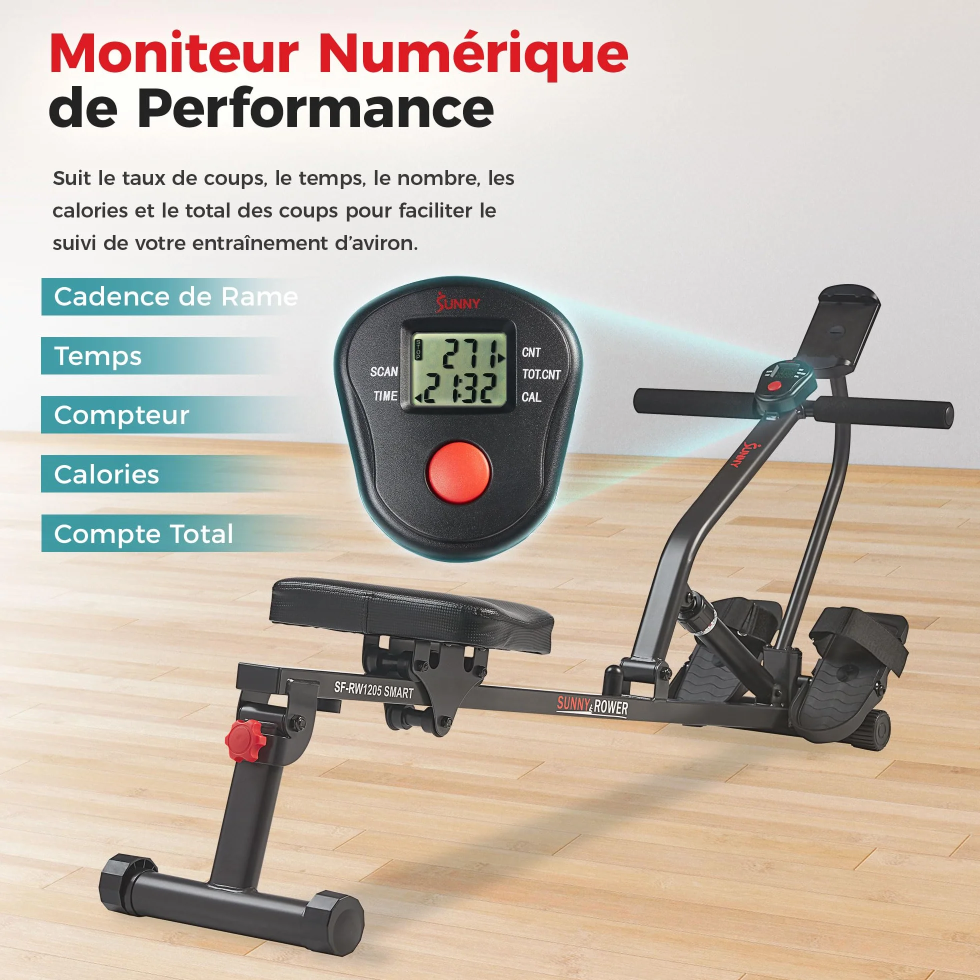 Sunny Health & Fitness Rameur de Fitness Compact 12 Niveaux de Résistance Réglable avec Connexion SunnyFit APP