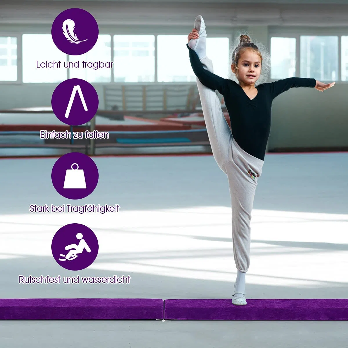 RELAX4LIFE Poutre Gymnastique Pliable 210 cm en Finette avec Pieds Surélevés, Poutre Gym au Sol Portable avec Poignées de Transport, Gymnastique Materiel pour Enfants et Adultes