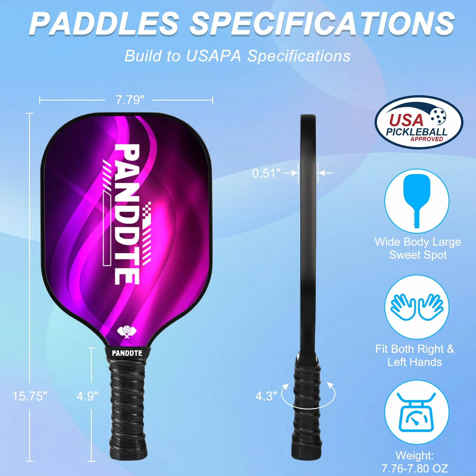 Lot de 4 Raquettes de Pickleball en Graphite avec 4 balles de Pickleball, 4 poignées de Rechange et Sac, Raquettes de Pickleball pour débutants et Professionnels