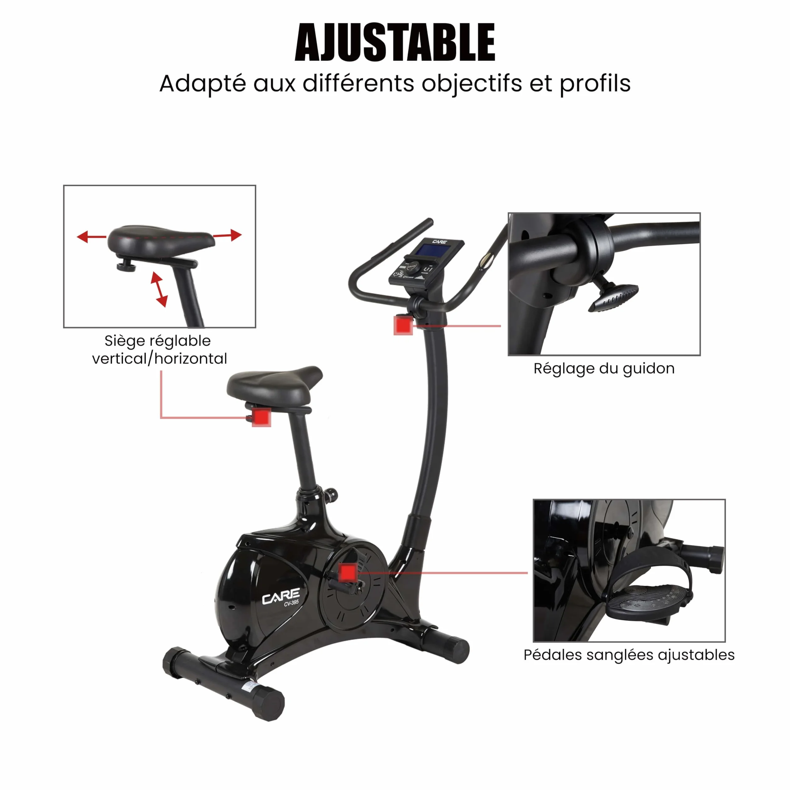 Care Fitness - Vélo d'Appartement Motorisé CV-395 - Vélo Droit 24 Programmes d'Entraînement - Masse d'Inertie 12kg - Résistances Magnétique Motorisée - Connectivité Application Mobile/Kinomap