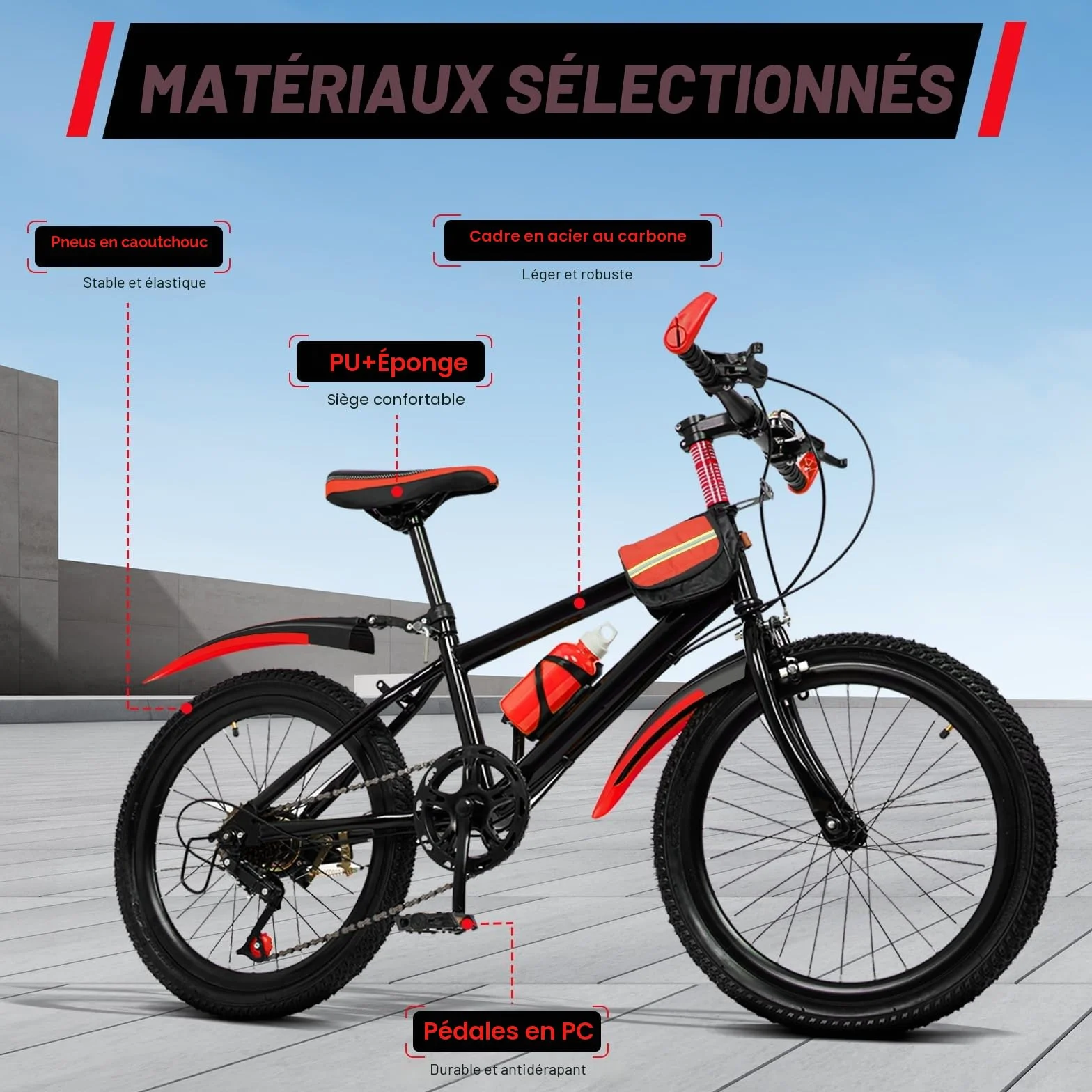 VTT 20" à 7 vitesses moderne, pour garçons et filles de 8 à 13 ans, VTT avec 4 gardes, support, cloche de boussole, sac de rangement pour bouteille d’eau, capacité de charge 85 kg, cadre
