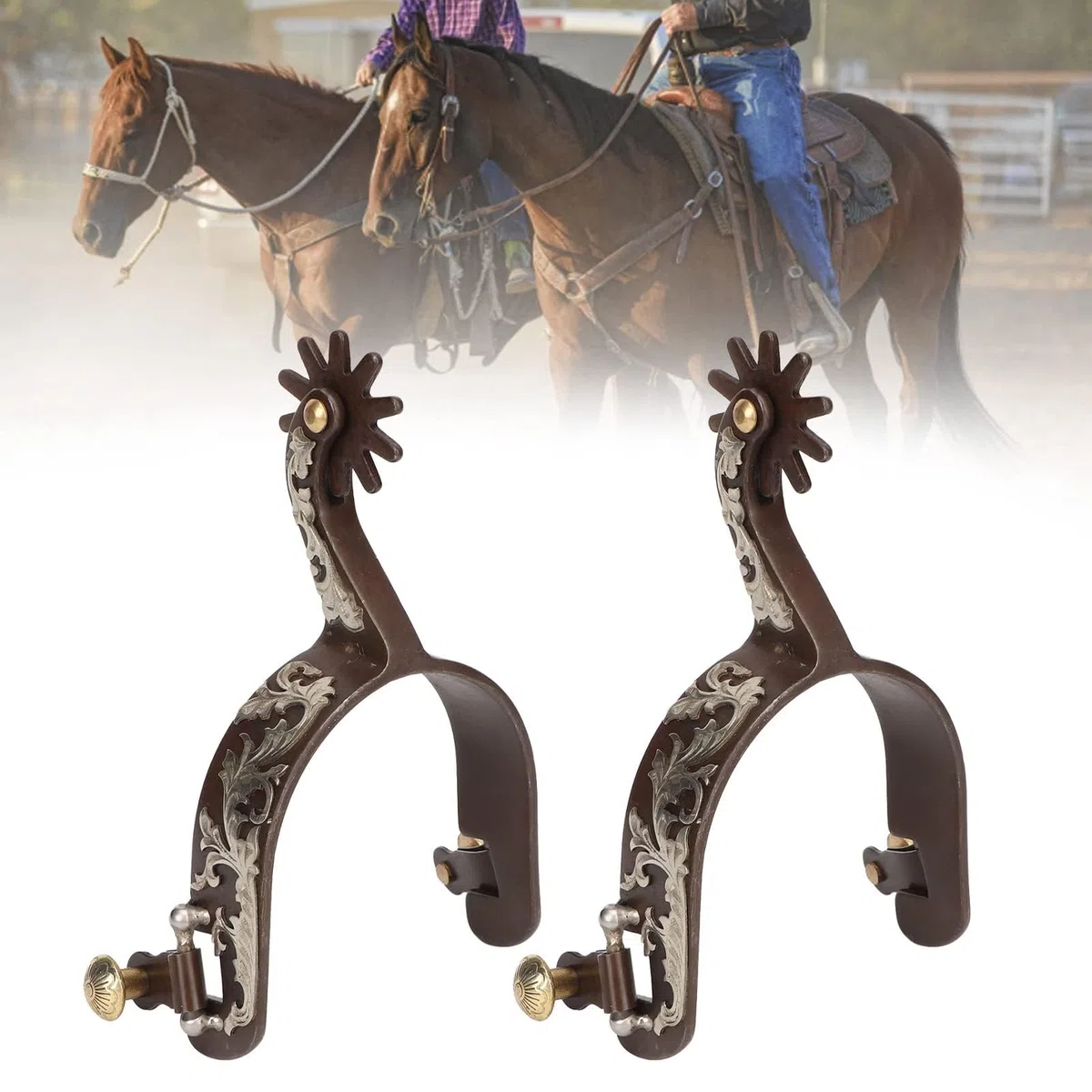 Lot 2 Éperons Cowboy Occidentaux Faits À La Main En Cuir Véritable Avec Engrenage Rotatif Sangle D'Éperon Vintage Bronze En Acier À Faible Teneur En Carbone Accessoires D'Équitation Pour Chevaux