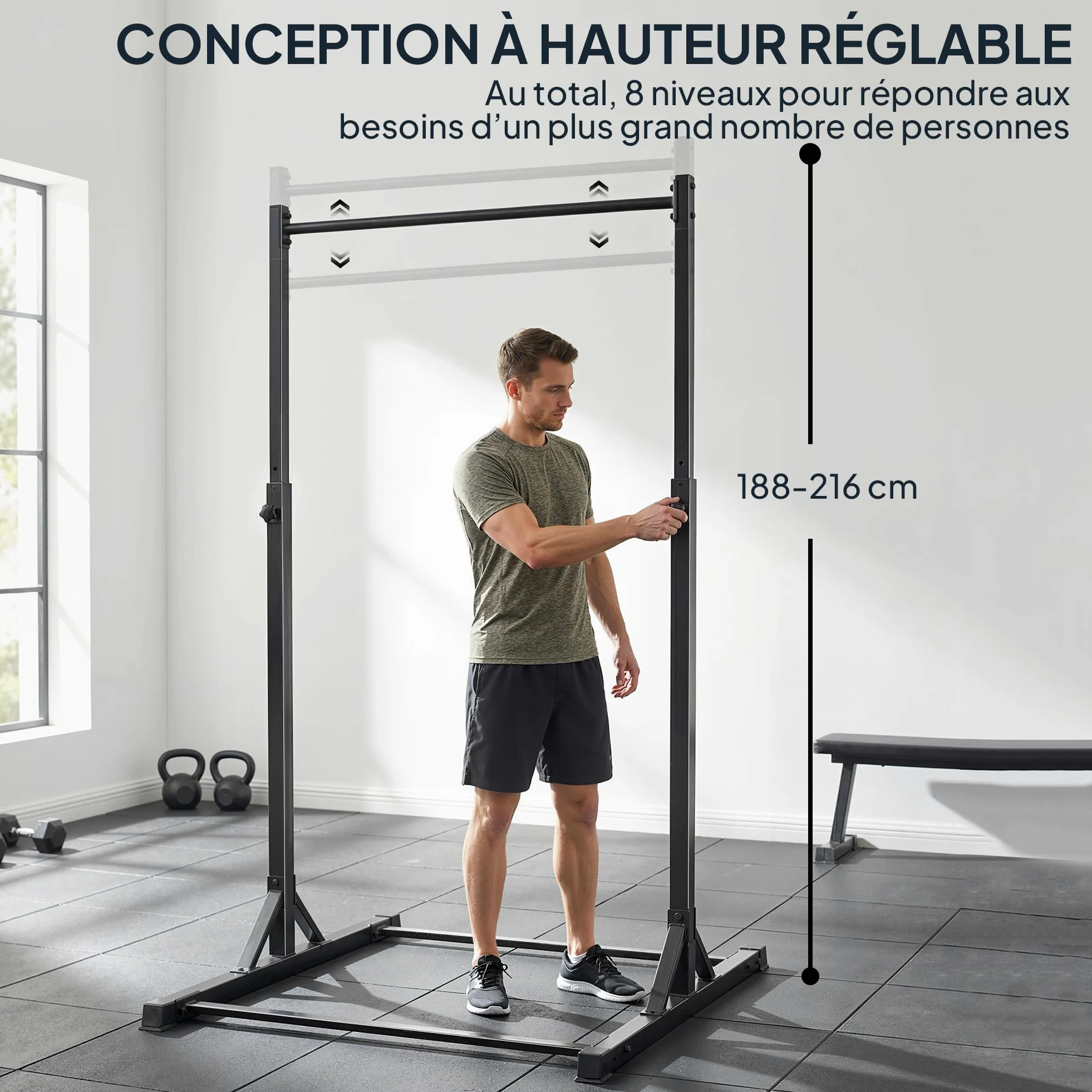 SPORTNOW Barre de traction sur pied et station de musculation - power tower 200 kg, 8 niveaux de hauteur, châssis en acier robuste 128 cm, équipement fitness pour musculation maison et tractions, noir