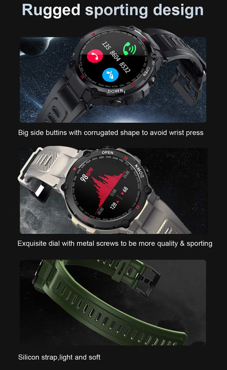 Montre connectée avec suivi de fitness, affichage rond complet de la fréquence cardiaque et de la pression artérielle, Bluetooth - Noir