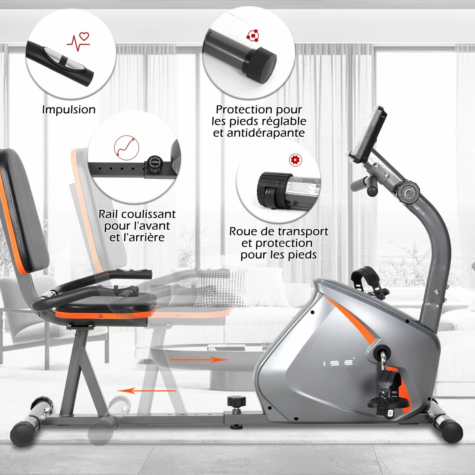 ISE Vélo d'Appartement Semi-Allongé Vélo Couché avec Frein Magnétique, Roues de Transport, Capteurs d'Impulsion, l'Ecran LCD, 8 Niveaux de Résistance Réglables, Velo d appartement Semi Allongé