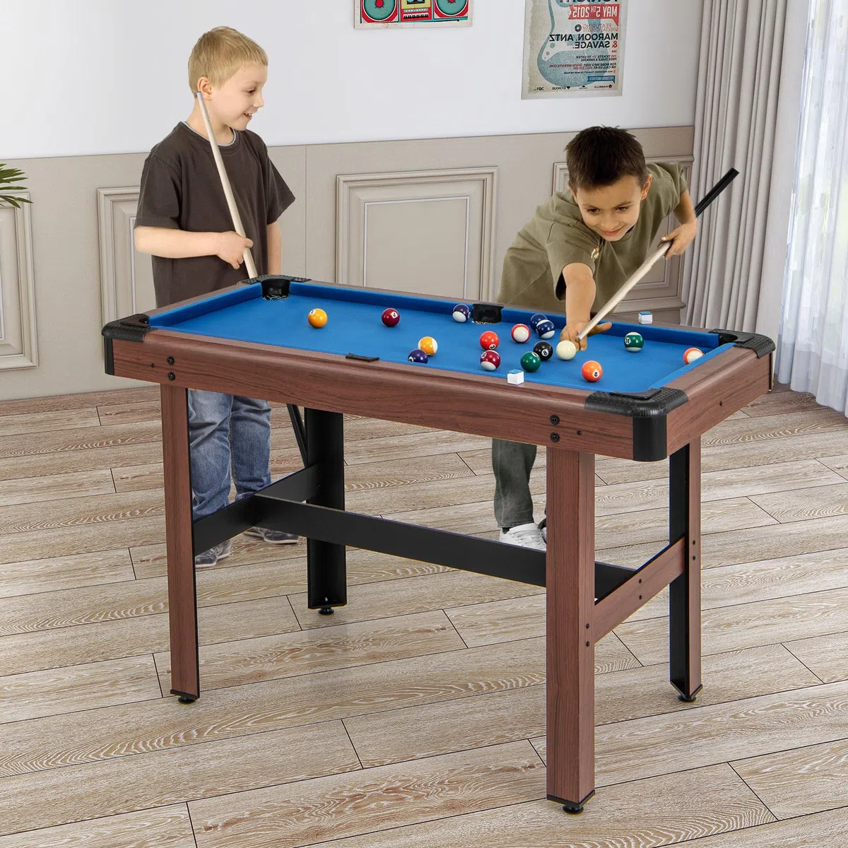HOMASIS Billard, Mini Billard en Bois avec 16 Boules de Billard, 2 queues, 2 craies, Triangle, Brosse, Set de Billard pour la Maison, Le Bar, Les Enfants et Les Adultes, 122 x 61 x 76cm