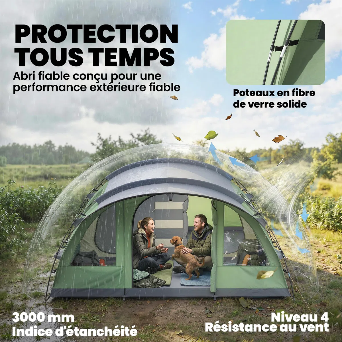Outsunny Tente de Camping pour 5 Personnes, Tente Tunnel familiale légère ventilée étanche 3 000 mm Montage Facile, 4 fenêtres et Porche, Sac de Transport, pour randonnée Trekking pêche, Vert