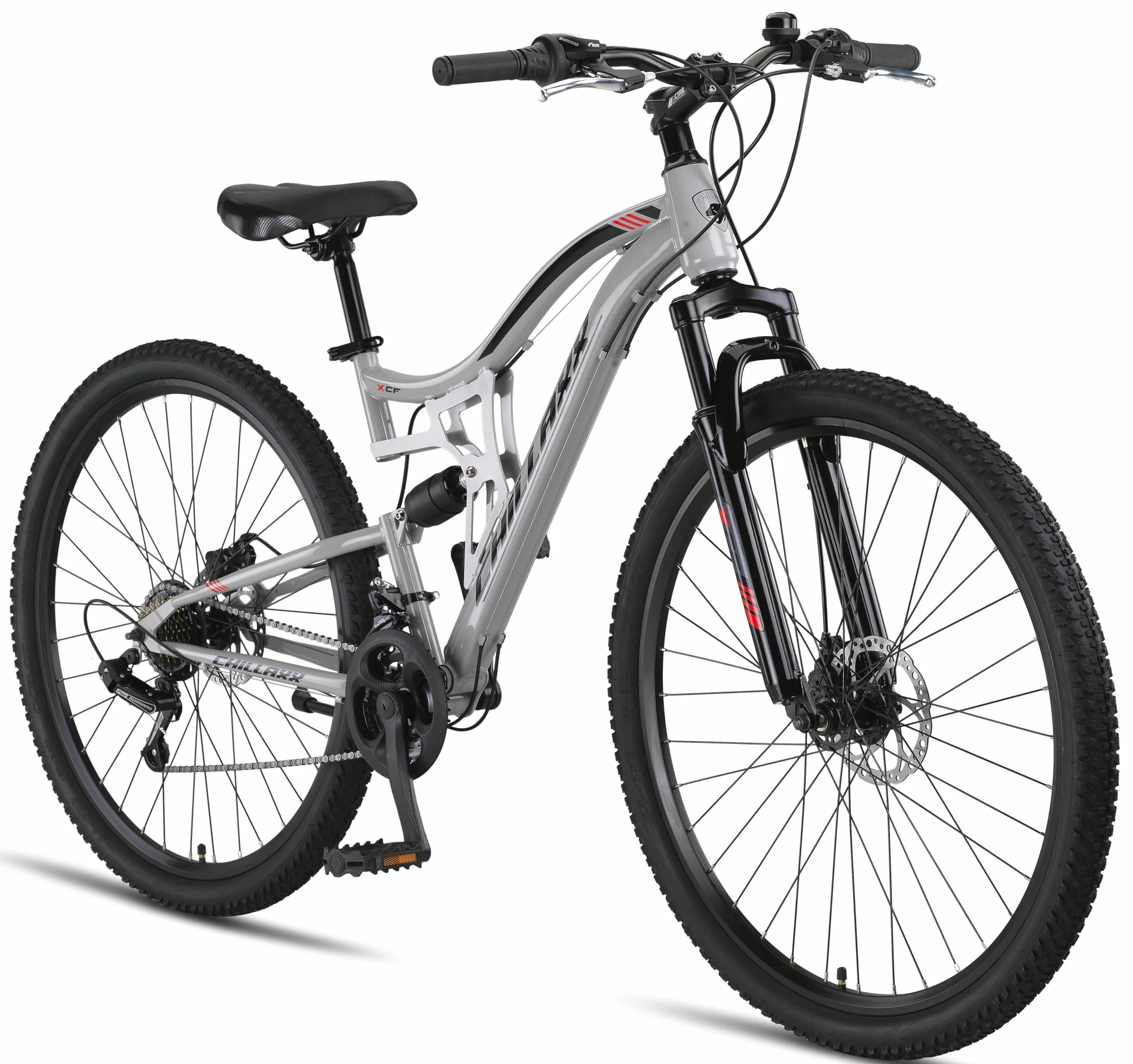 Chillaxx Falcon VTT de 24, 26, 27,5 et 29″, pour garçons, filles, femmes et hommes, frein à disque, dérailleur à 21 vitesses, suspension complète