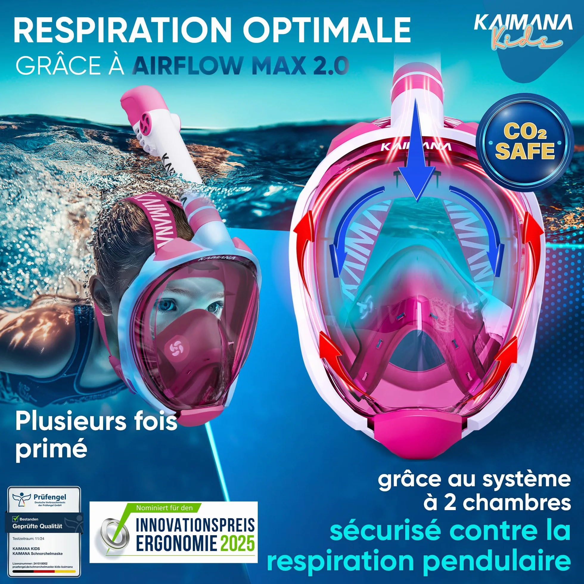 KAIMANA® Masque Plongée Adultes et Enfantes | Snorkeling Intégral Anti-Buée CO2 Safe | Tuba Adulte | Sac de Transport Inclus