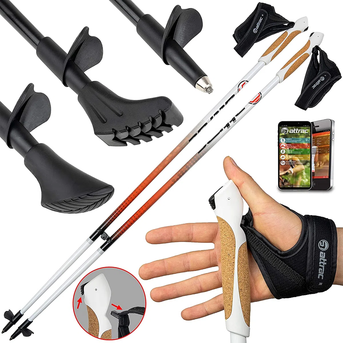 ATTRAC Bâtons de Marche Nordique Ultra légère 99% de Carbone avec dragonnes réglables et détachables - Attention: l'applicationsur Smartphone est appliqué Seulement en Allemagne/Taille (120cm)