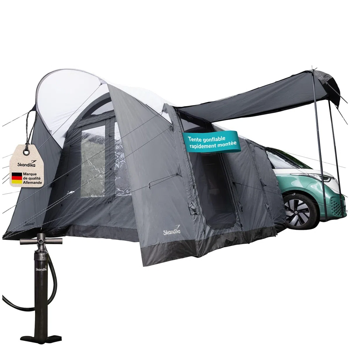 Skandika Vejers Air Protect Auvent gonflable pour 4 personnes, sol cousu, hauteur 2 m, colonne d'eau 3000 mm, tente tunnel pour voiture, bus, van, bulli, minivan
