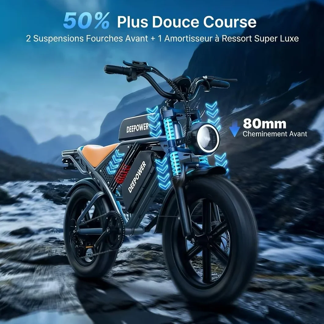 DEEPOWER QS7 Vélo Électrique, Batterie Amovible 48V 60Ah/35Ah/20Ah, Autonomie 110-250KM, Moteur 120 N·m, Pneu Gras 20'' X 4.0, 7 Vitesses, Suspension Hydraulique Complète