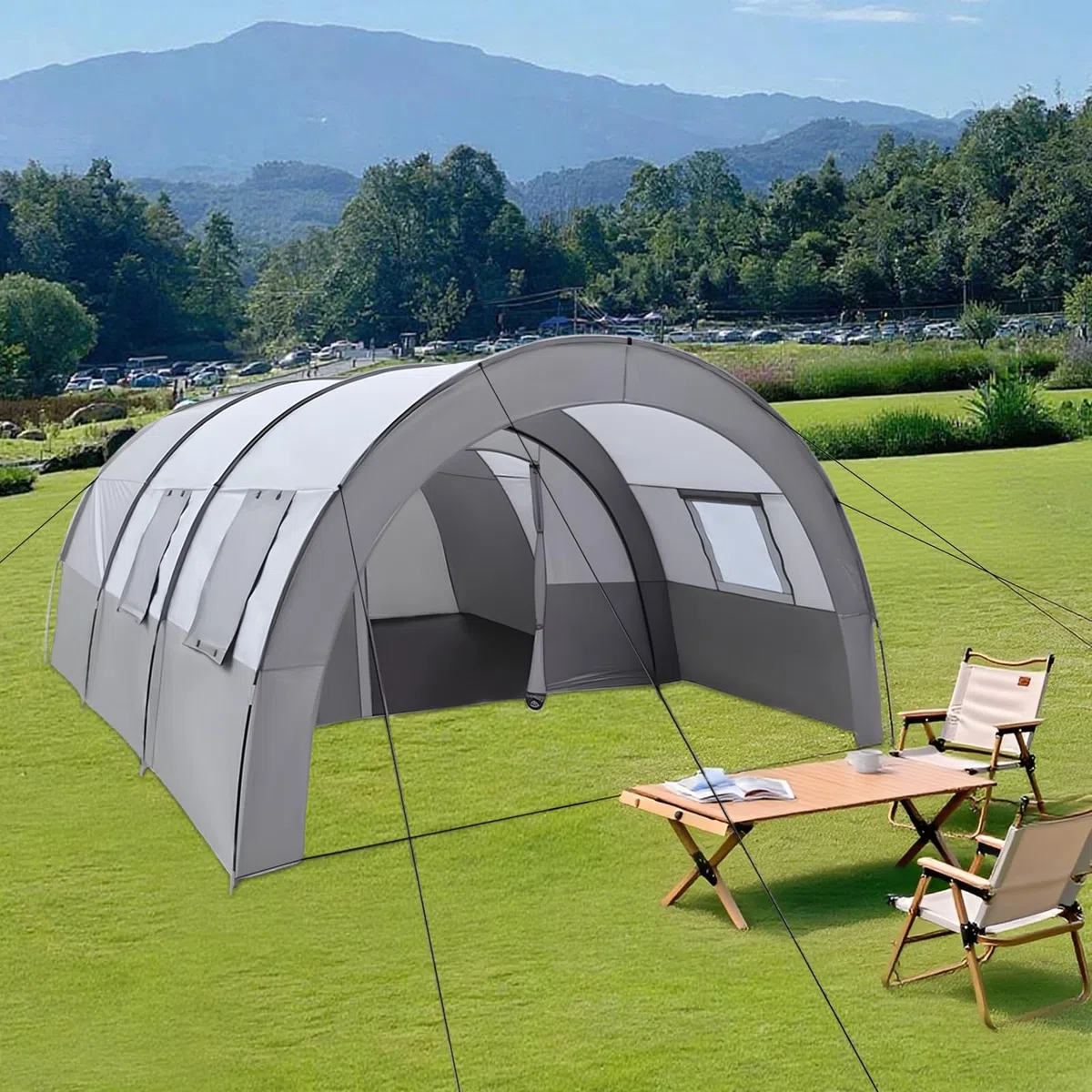 Tente tunnel spacieuse pour 6 personnes avec auvent, tapis de sol, moustiquaire et sac de transport, tente familiale étanche pour camping, festivals et voyages, 350 x 480 x 206 cm