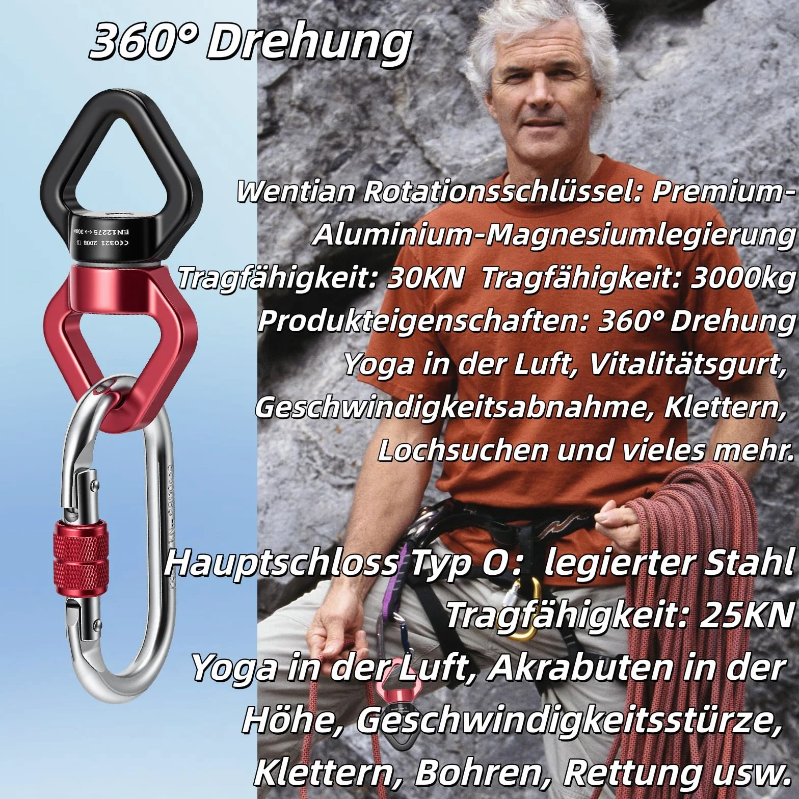Rotule Pivotante 360° Kit Complet, 30kN Rotule + 50kN Anneau 8 Cornes + 2x25kN Mousquetons, Articulation Pivotante Roulement à Billes pour Soie Aérienne Yoga Escalade Balançoire Hamac, Noir Rouge