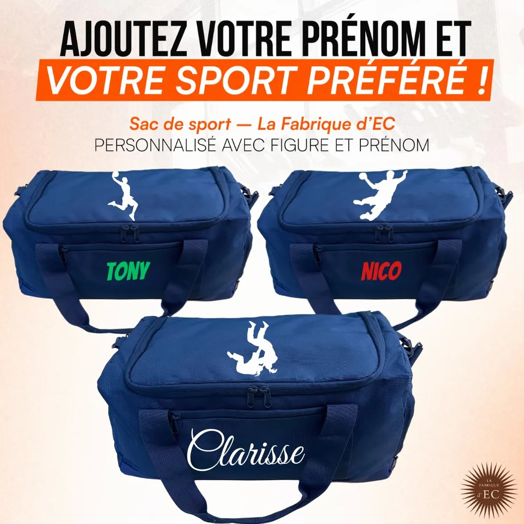 Sac de Sport Multi Sports personnalisé Motif Foot Basket Handball Judo Tennis Prénom