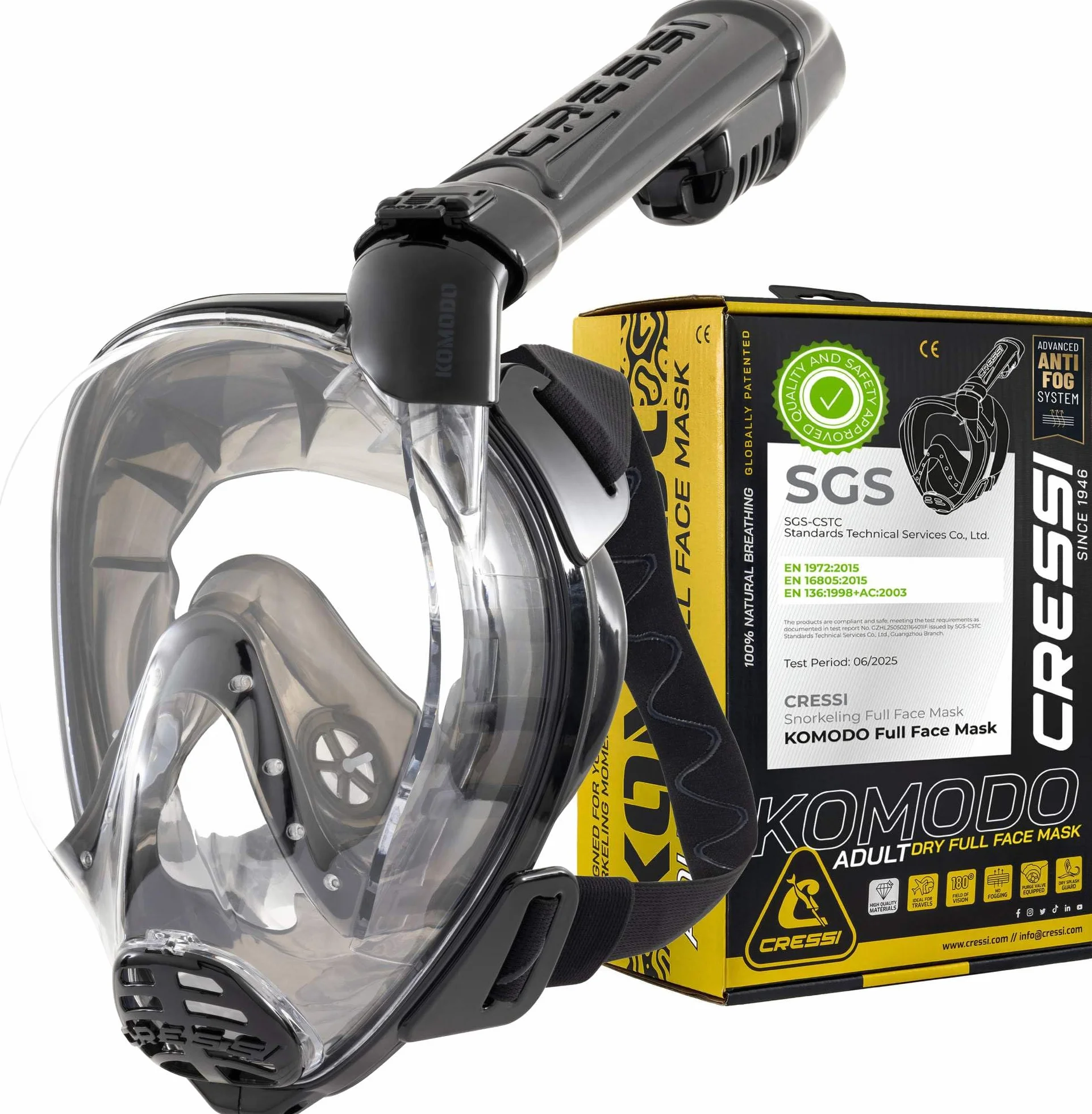 CRESSI Depuis 1946 - Komodo Full Face Masque intégral Dry pour Snorkeling Vision à 180° - CO2 Sûre - Silicone 100% Anti Buée - Tuba Latéral - Sangles Élastiques Réglables