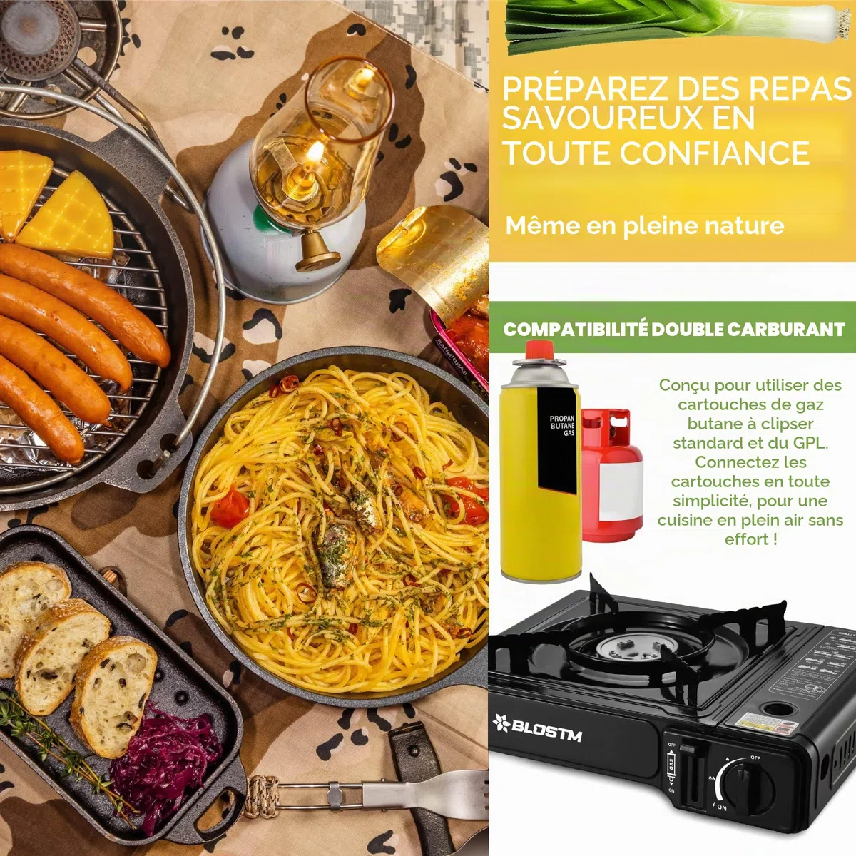 BLOSTM Réchaud à gaz portable de camping – Réchaud de camping à brûleur unique avec système d'allumage automatique, contrôle de la température, utilisation avec butane ou GPL, petite plaque de cuisson