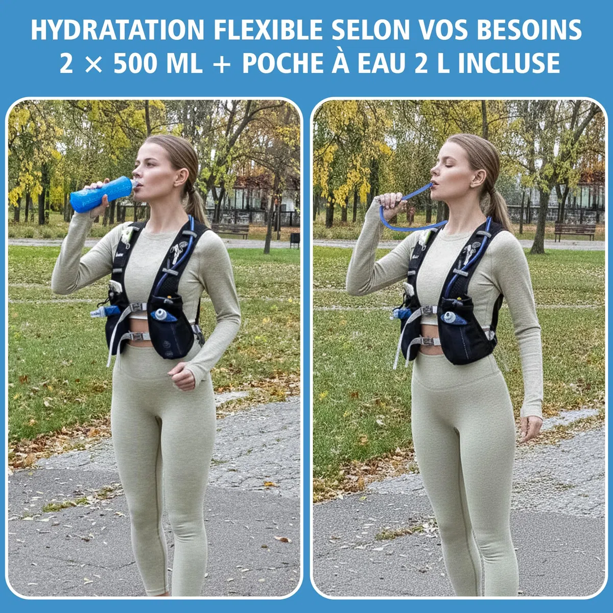 Gilet Hydratation Running – Veste Running Homme/Femme Ultra-Légère avec 2× Gourdes 500 ML + Poche à Eau 2 L – Gilet Trail, Course à Pied, Sac Hydratation Running Ajustable et Respirant