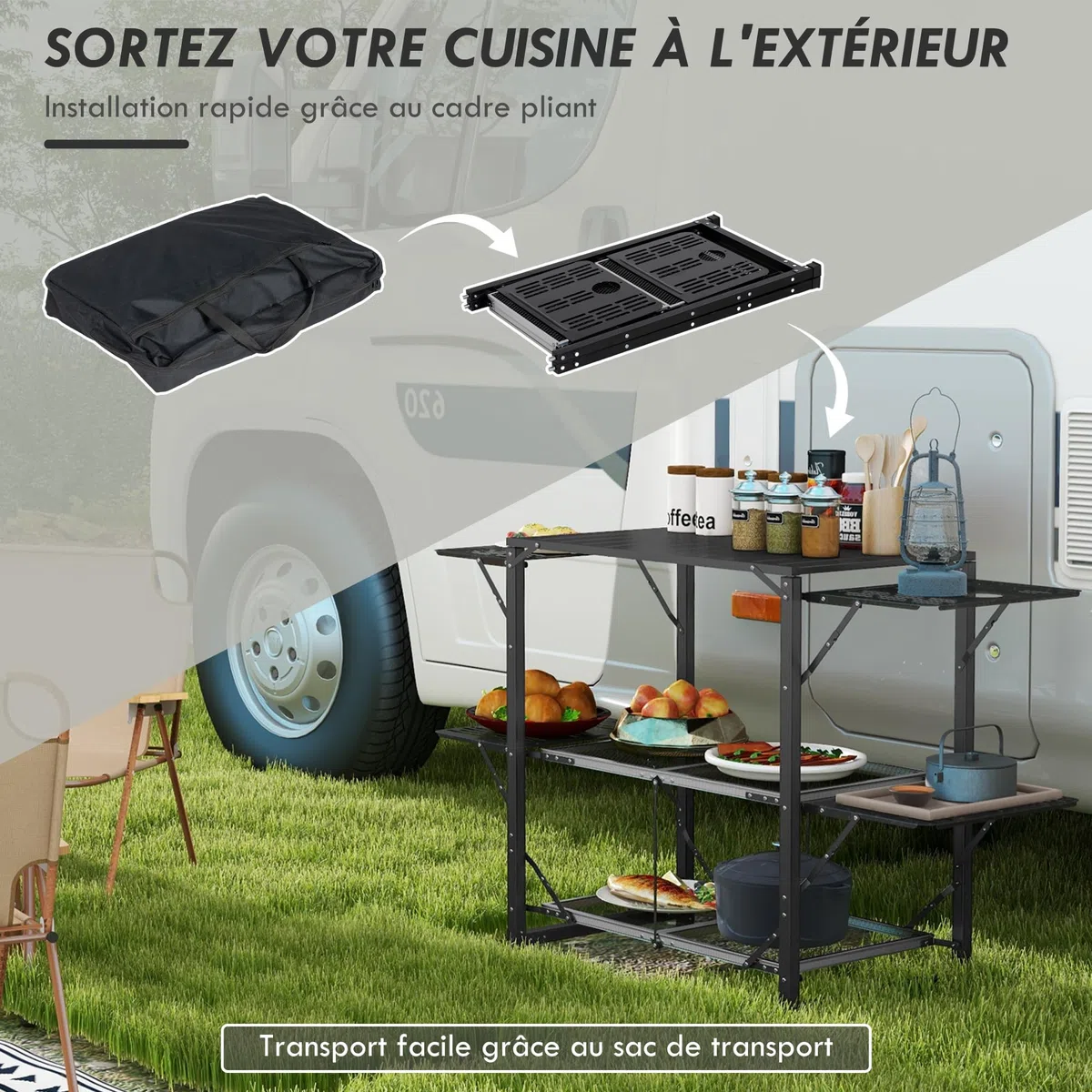 Outsunny Cuisine de Camping Table de Camping Pliante en Acier et Aluminium, avec Sac de Transport, 2 tablettes rabattables, 2 étagères et Porte-gobelets, dim. 126L x 46l x 81H cm