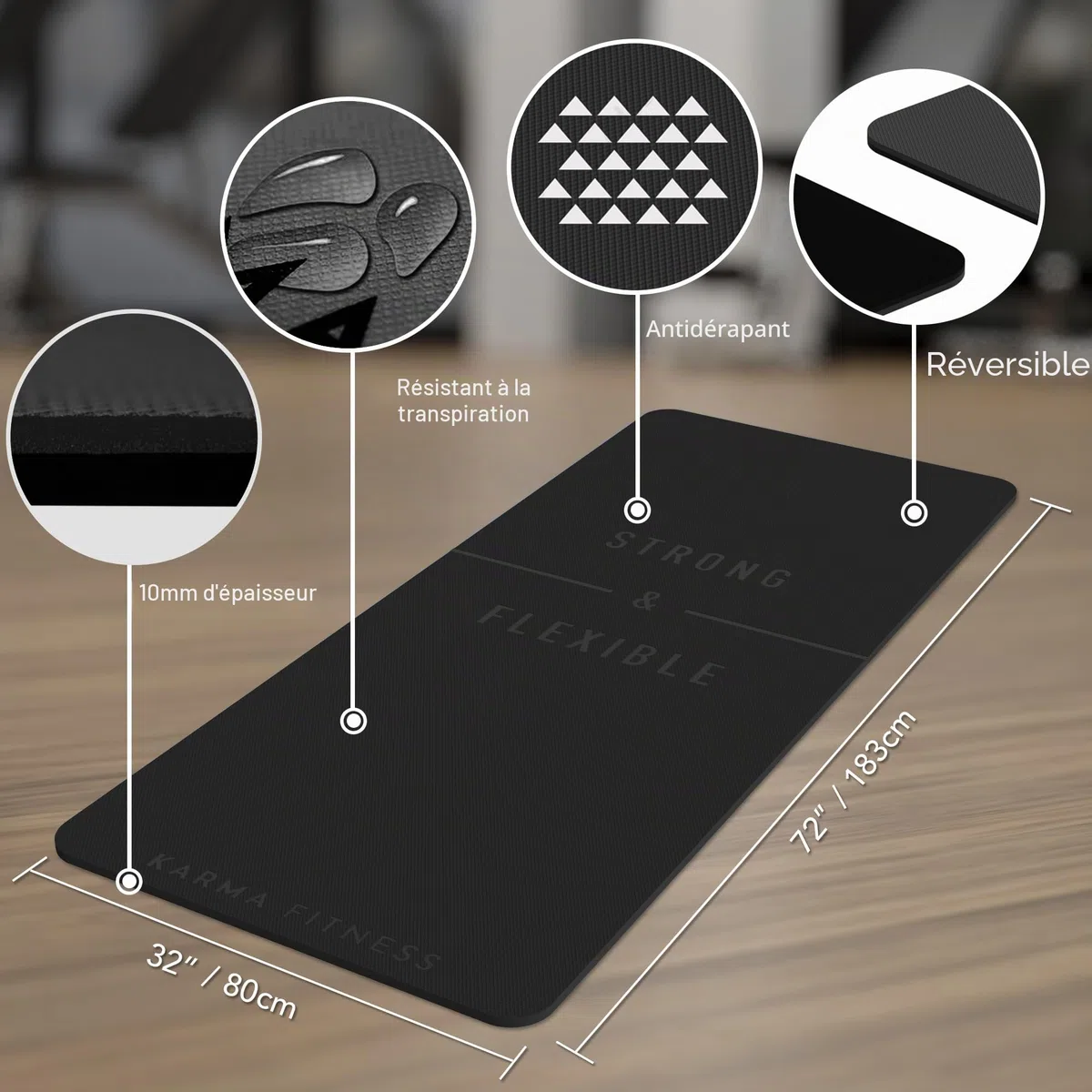 Grand tapis d'exercice - Extra large et extra épais pour homme et femme (183 cm x 80 cm x 10 mm) - Tapis de yoga antidérapant en TPE pour entraînements à domicile, pilates, gymnastique